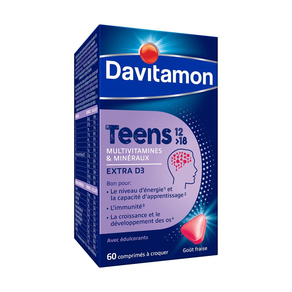 Boîte Davitamon Teens 12>18. 60 comprimés à croquer. Goût fraise. Extra D3. Perspective.