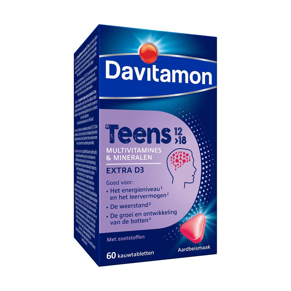 Davitamon Teens 12>18 verpakking. 60 kauwtabletten. Aardbei smaak. Extra D3.