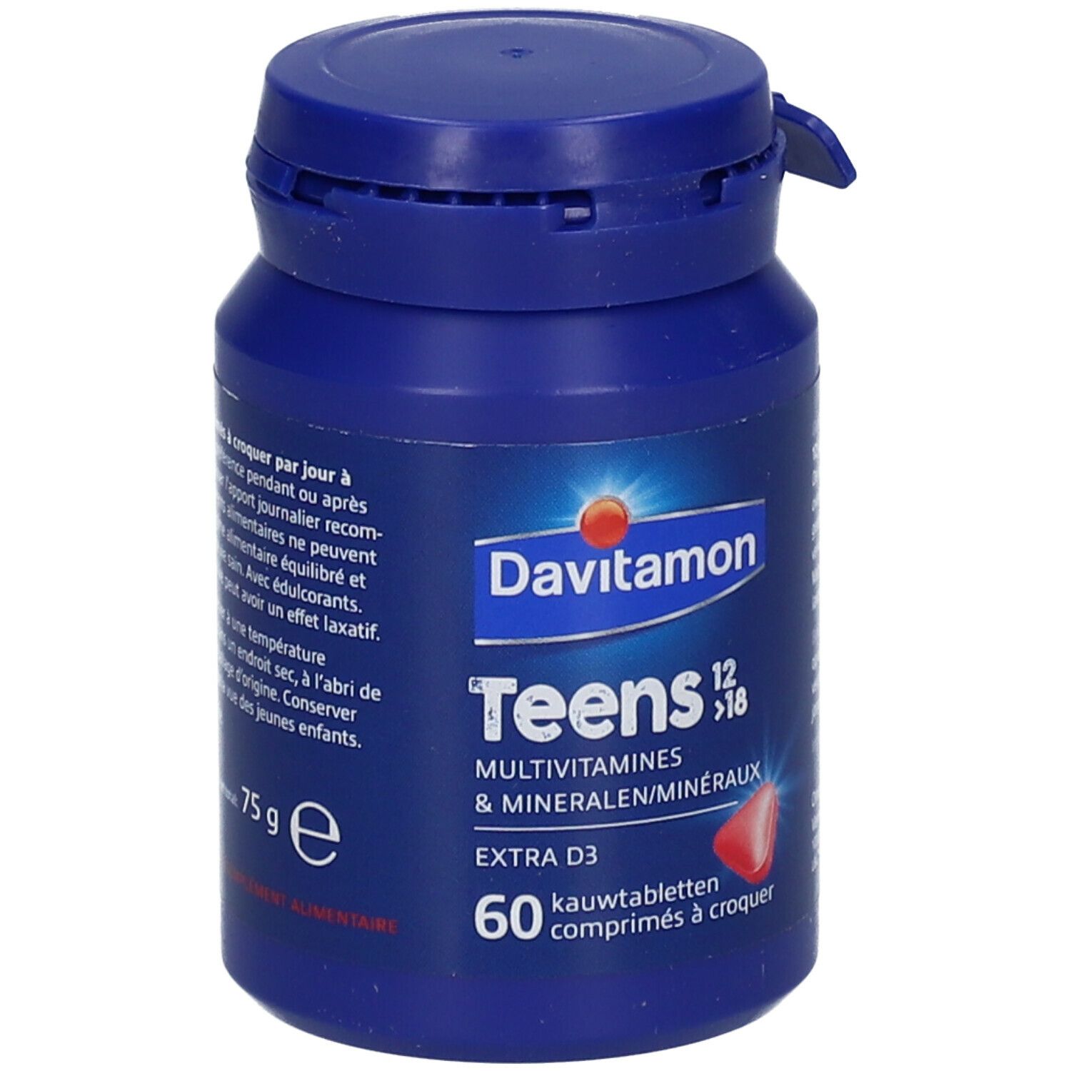 Blauwe fles Davitamon Teens 12>18. 60 kauwtabletten. Aardbei smaak. Extra D3. Dop.