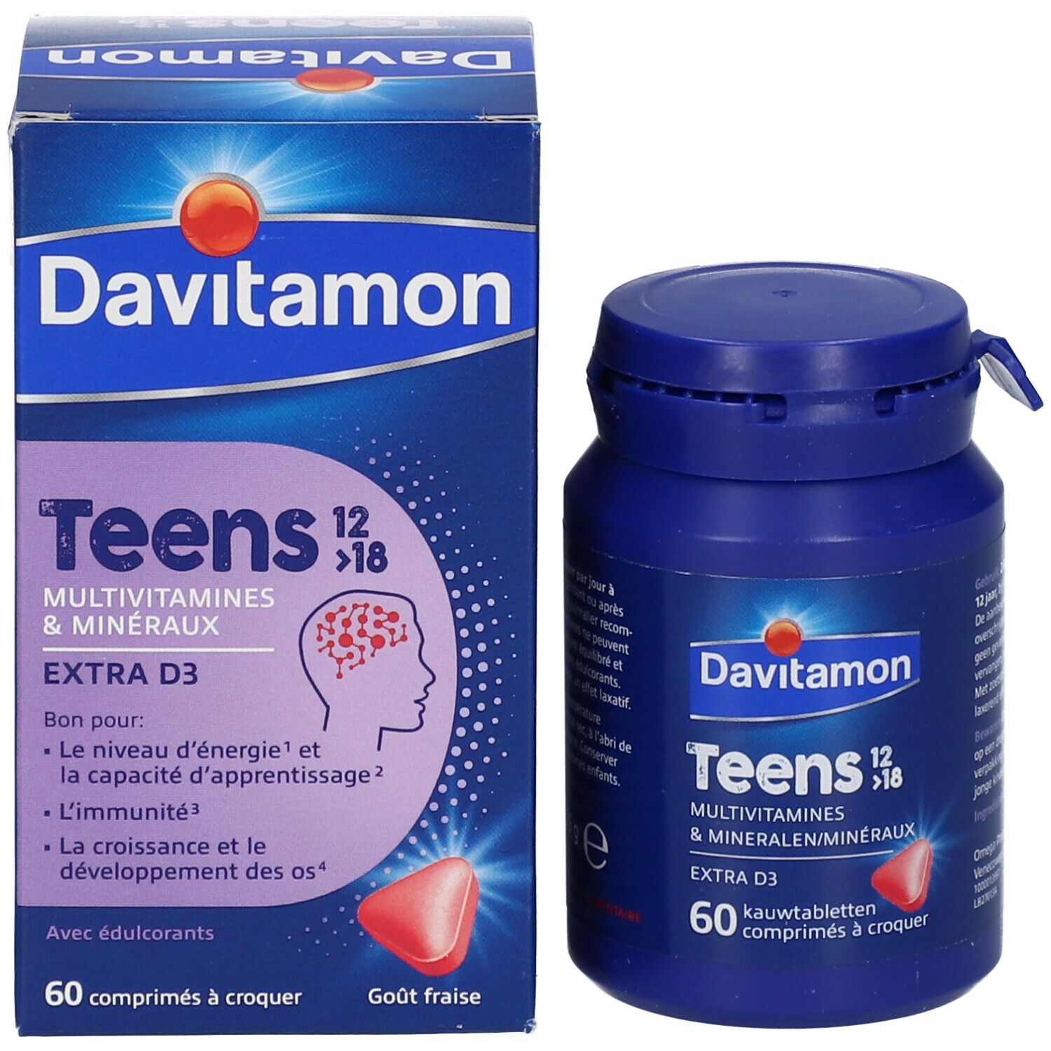 Davitamon Teens 12>18 verpakking en fles. 60 kauwtabletten. Aardbei smaak. Extra D3.