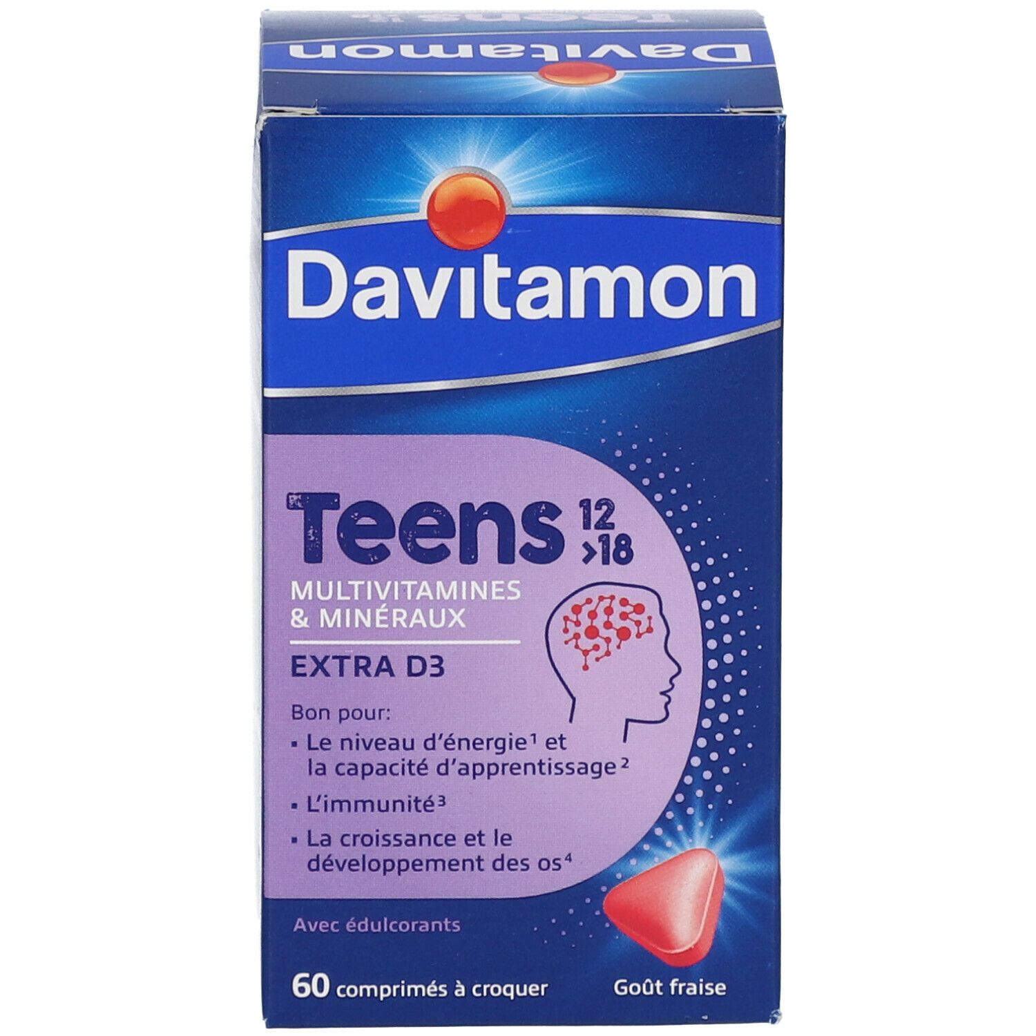 Davitamon Teens 12>18 verpakking. 60 kauwtabletten. Aardbei smaak. Extra D3.