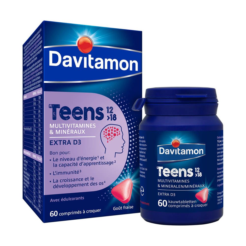Boîte et flacon Davitamon Teens 12>18. 60 comprimés à croquer. Goût fraise. Extra D3.