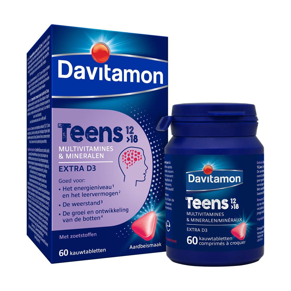 Davitamon Teens 12>18 verpakking. 60 kauwtabletten. Aardbei smaak. Extra D3. Vit. D3.