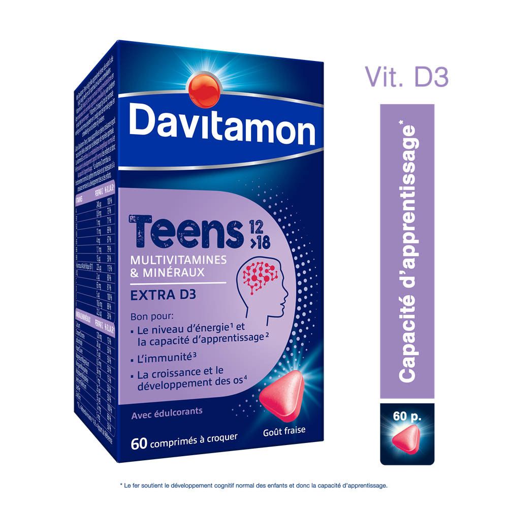 Boîte Davitamon Teens 12>18. 60 comprimés à croquer. Goût fraise. Extra D3. Vit. D3.