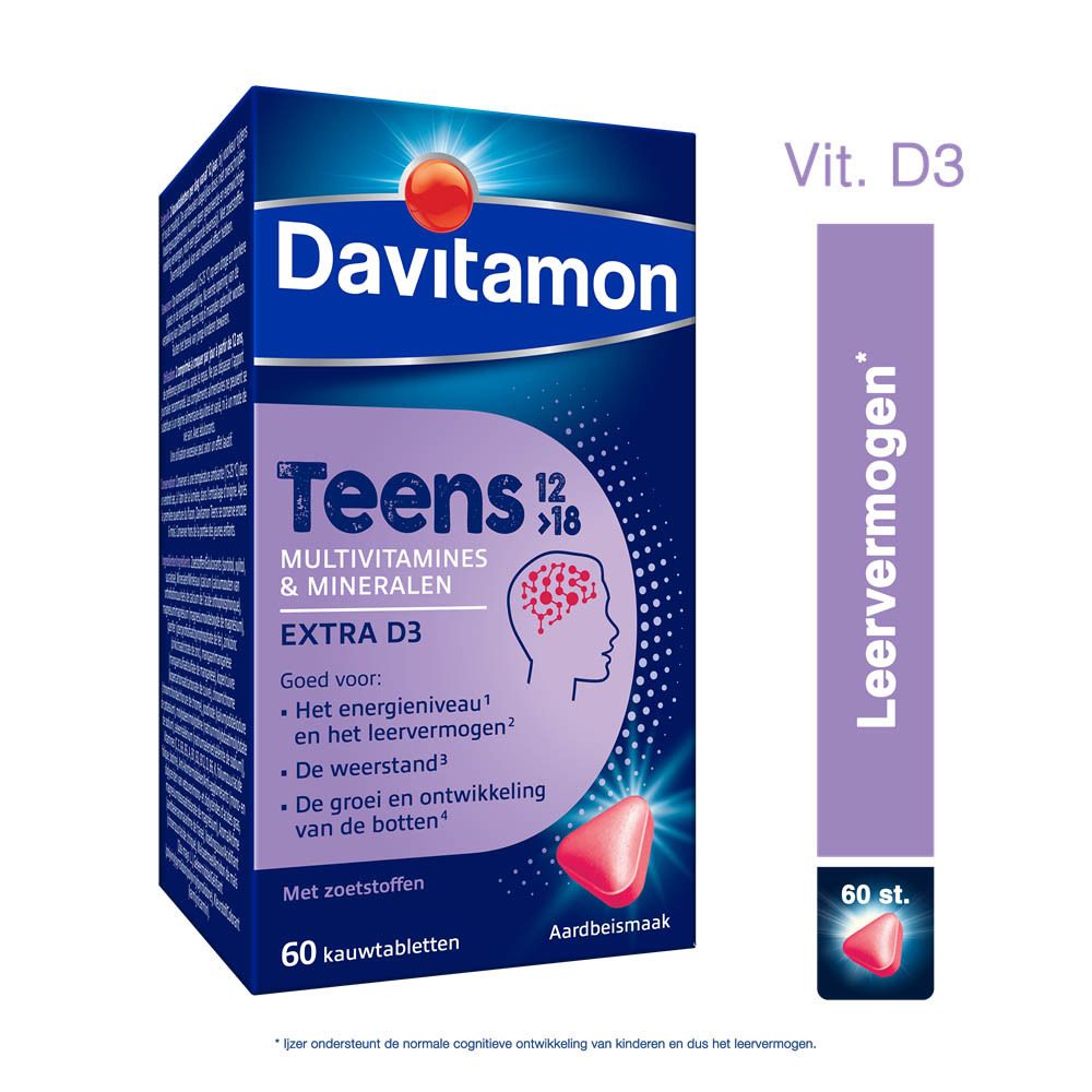 Davitamon Teens 12>18 verpakking. 60 kauwtabletten. Aardbei smaak. Extra D3. Vit. D3.