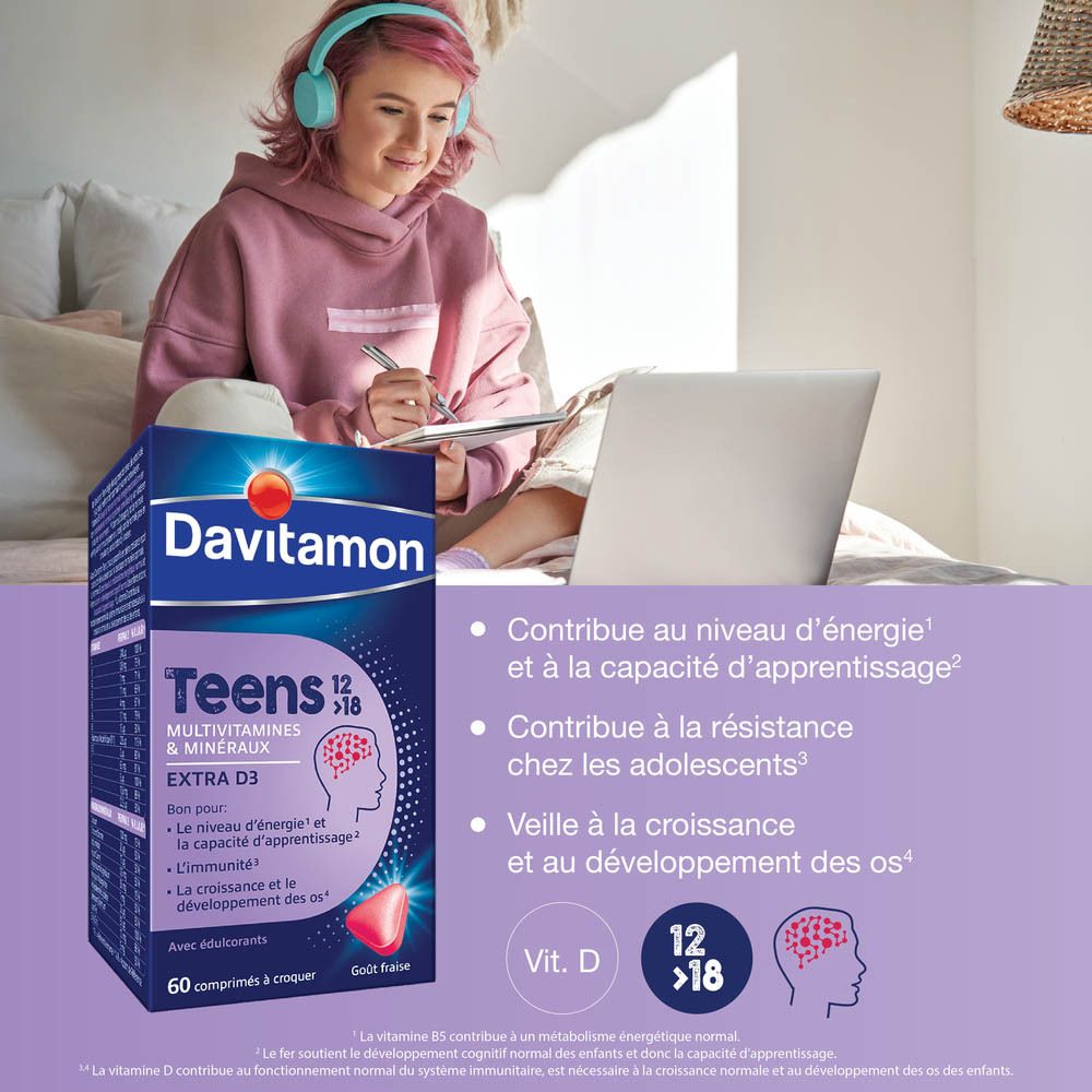 Boîte et flacon Davitamon Teens 12>18. 60 comprimés à croquer. Goût fraise. Extra D3.