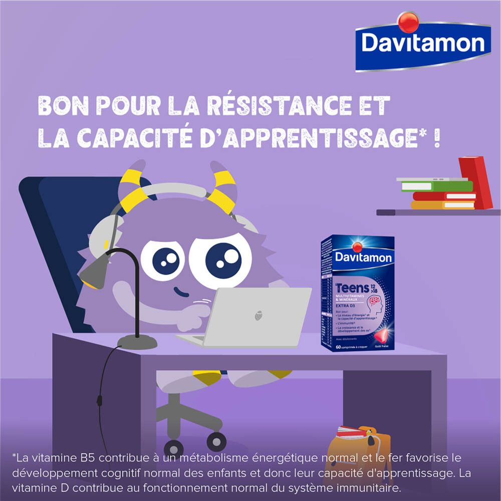 Boîte Davitamon Teens 12>18. 60 comprimés à croquer. Goût fraise. Extra D3. Vit. D3.