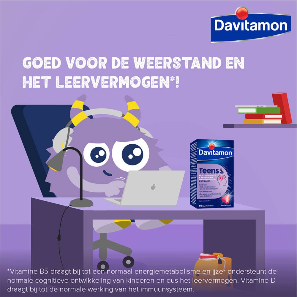 Davitamon Teens 12>18 verpakking. 60 kauwtabletten. Aardbei smaak. Extra D3. Vit. D3.