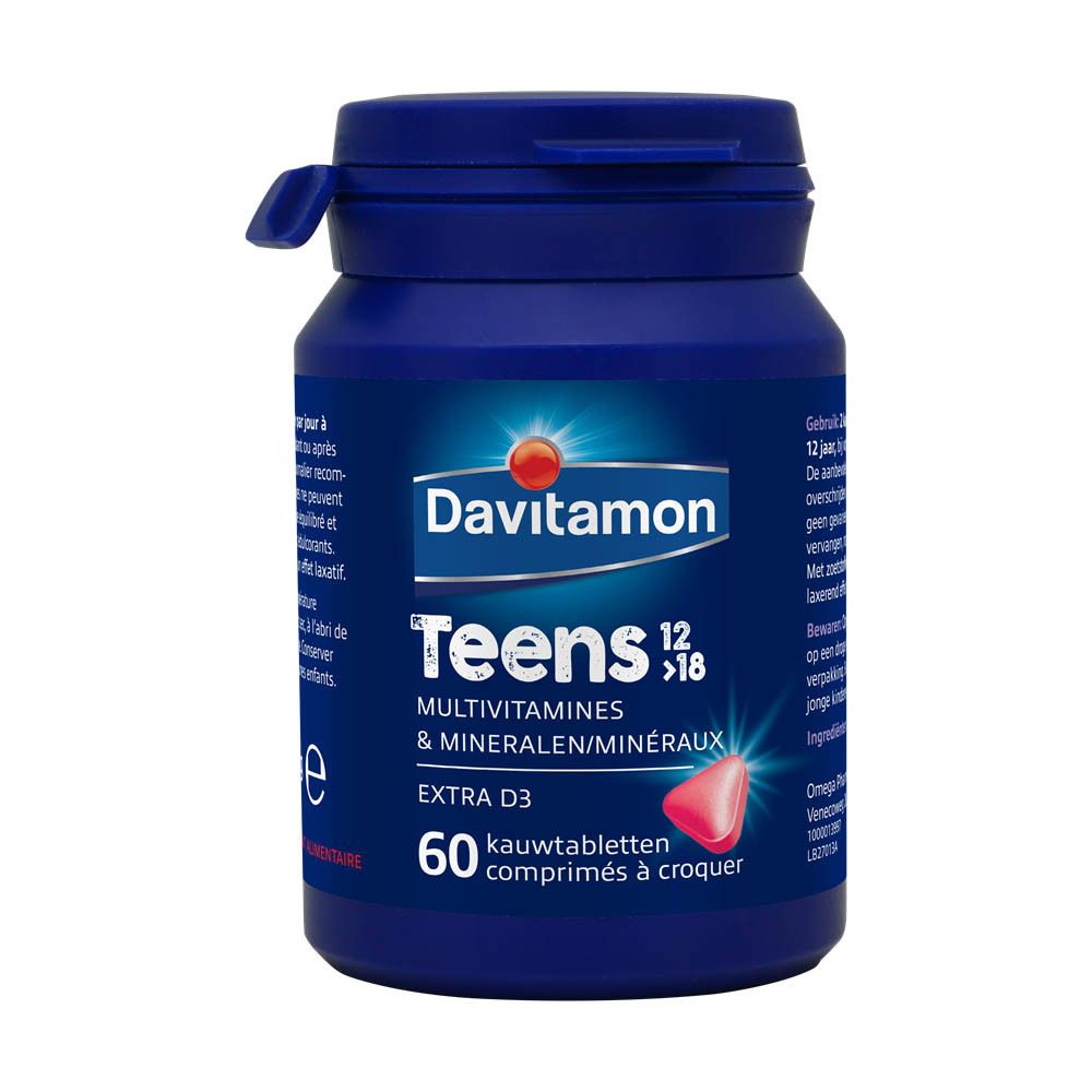 Davitamon Teens 12>18 verpakking. 60 kauwtabletten. Aardbei smaak. Extra D3. Vit. D3.