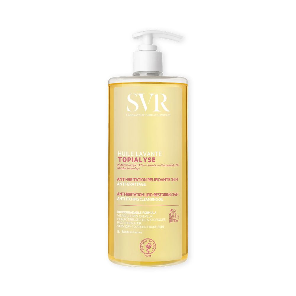 Transparante fles met gele vloeistof en pomp. Opschrift: SVR, Huile Lavante Topialyse. Anti-irritatie.