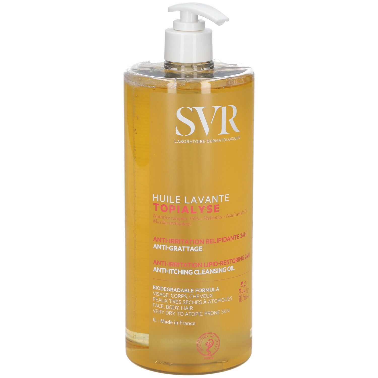Transparante fles met gele vloeistof en pomp. Opschrift: SVR, Huile Lavante Topialyse. Anti-irritatie.