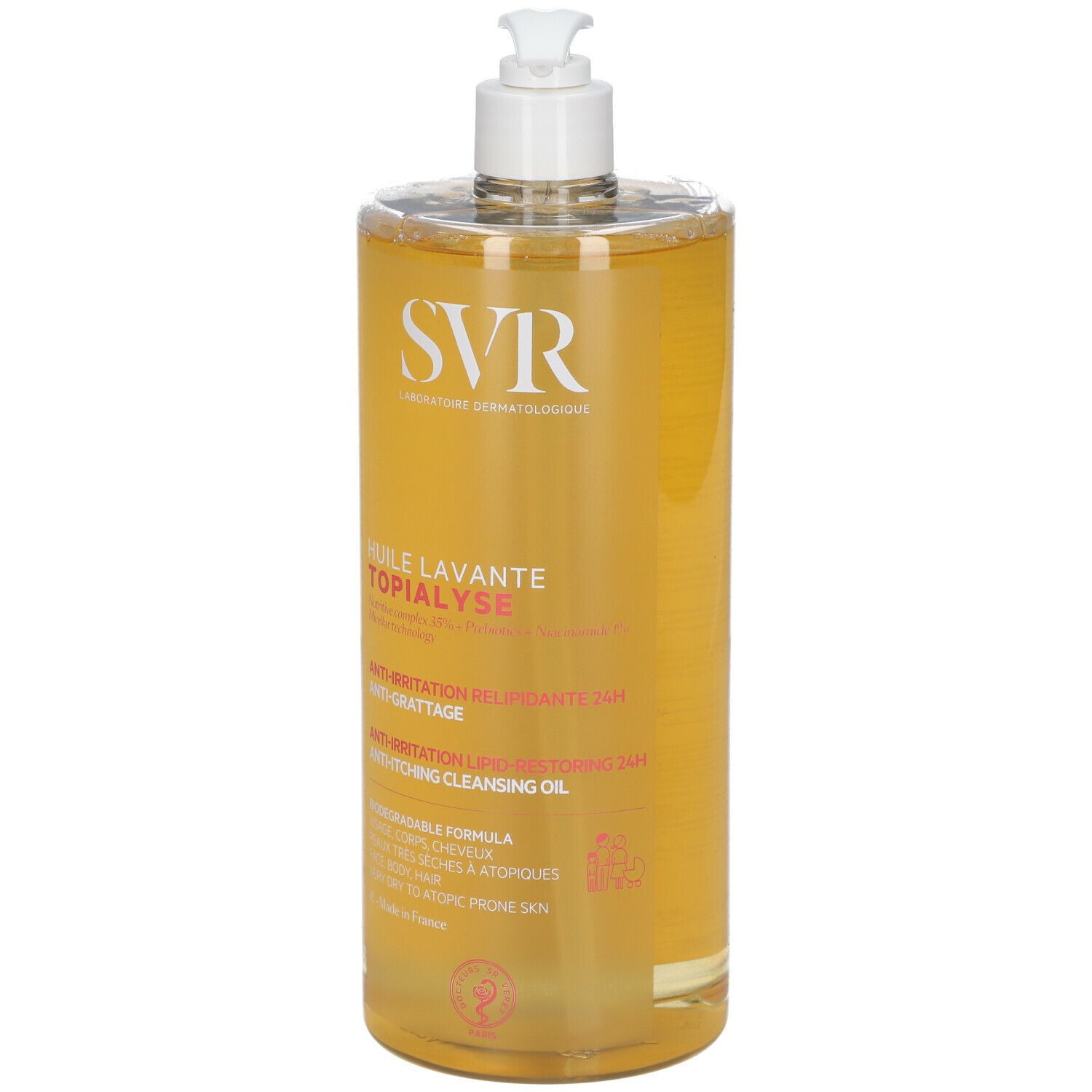 Transparante fles met gele vloeistof en pomp. Opschrift: SVR, Huile Lavante Topialyse. Anti-irritatie.