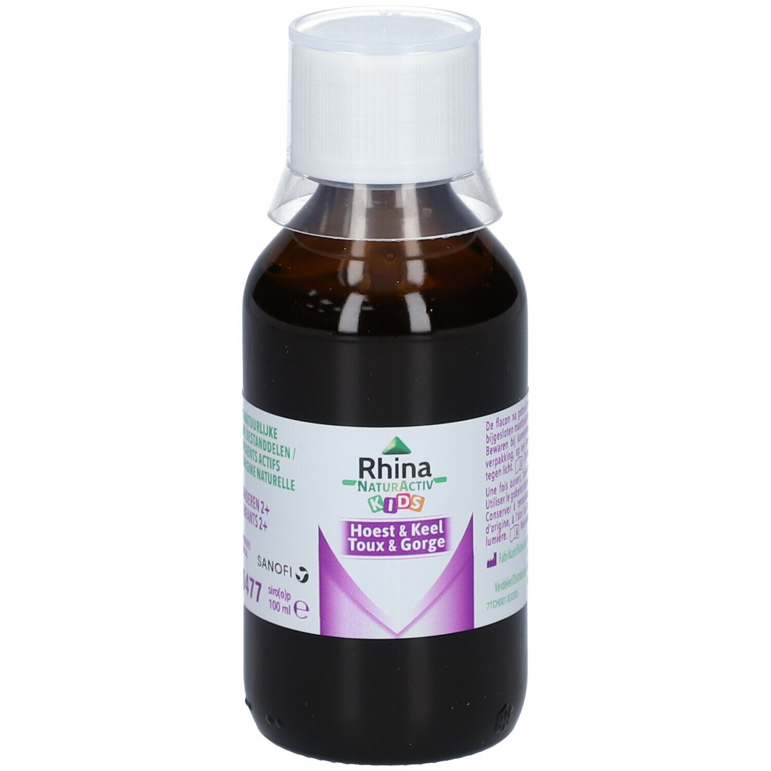 Bruine fles met witte dop. Etiket met productnaam en tekst. Vloeistof zichtbaar.