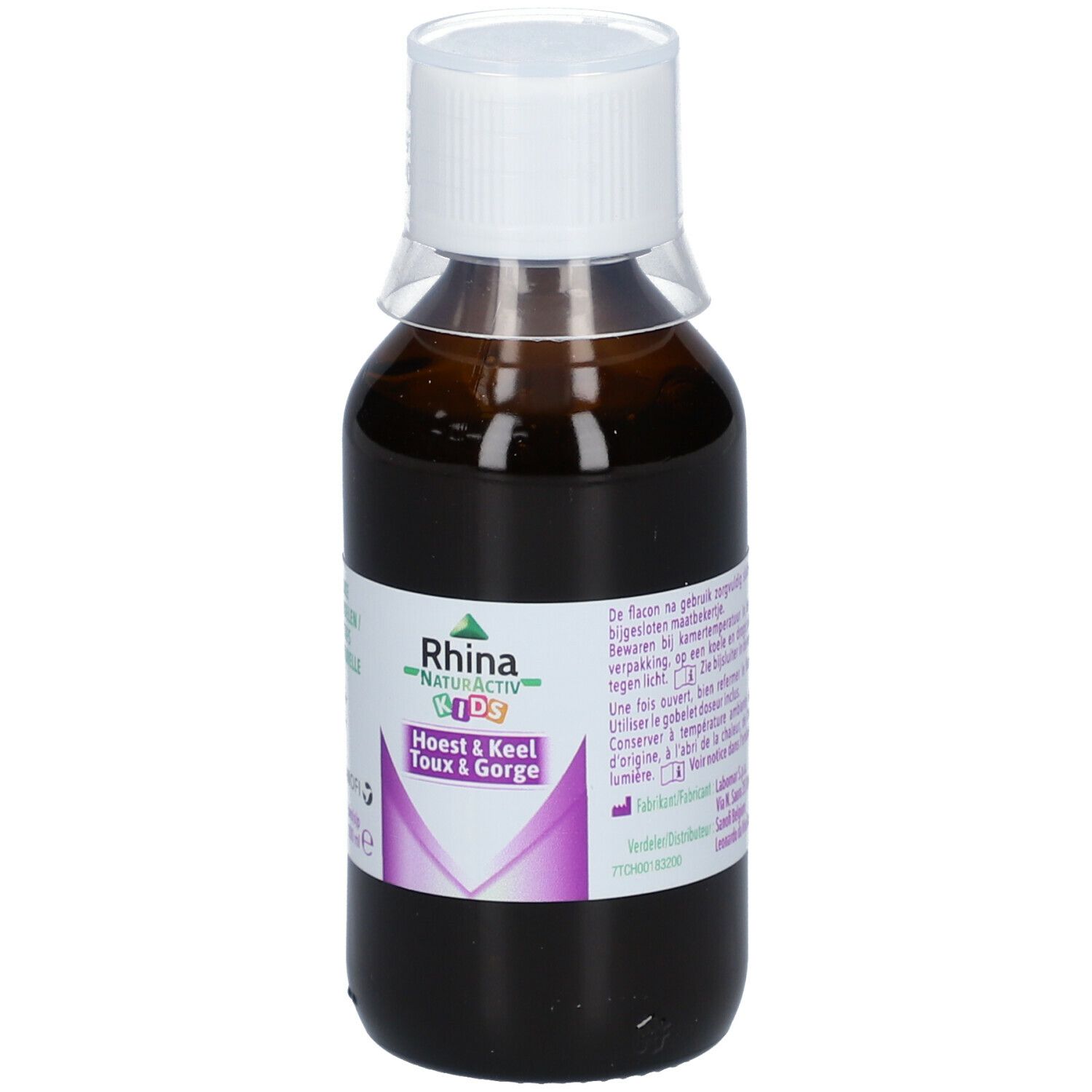 Bruine fles met witte dop. Etiket met productnaam en tekst. Vloeistof zichtbaar.