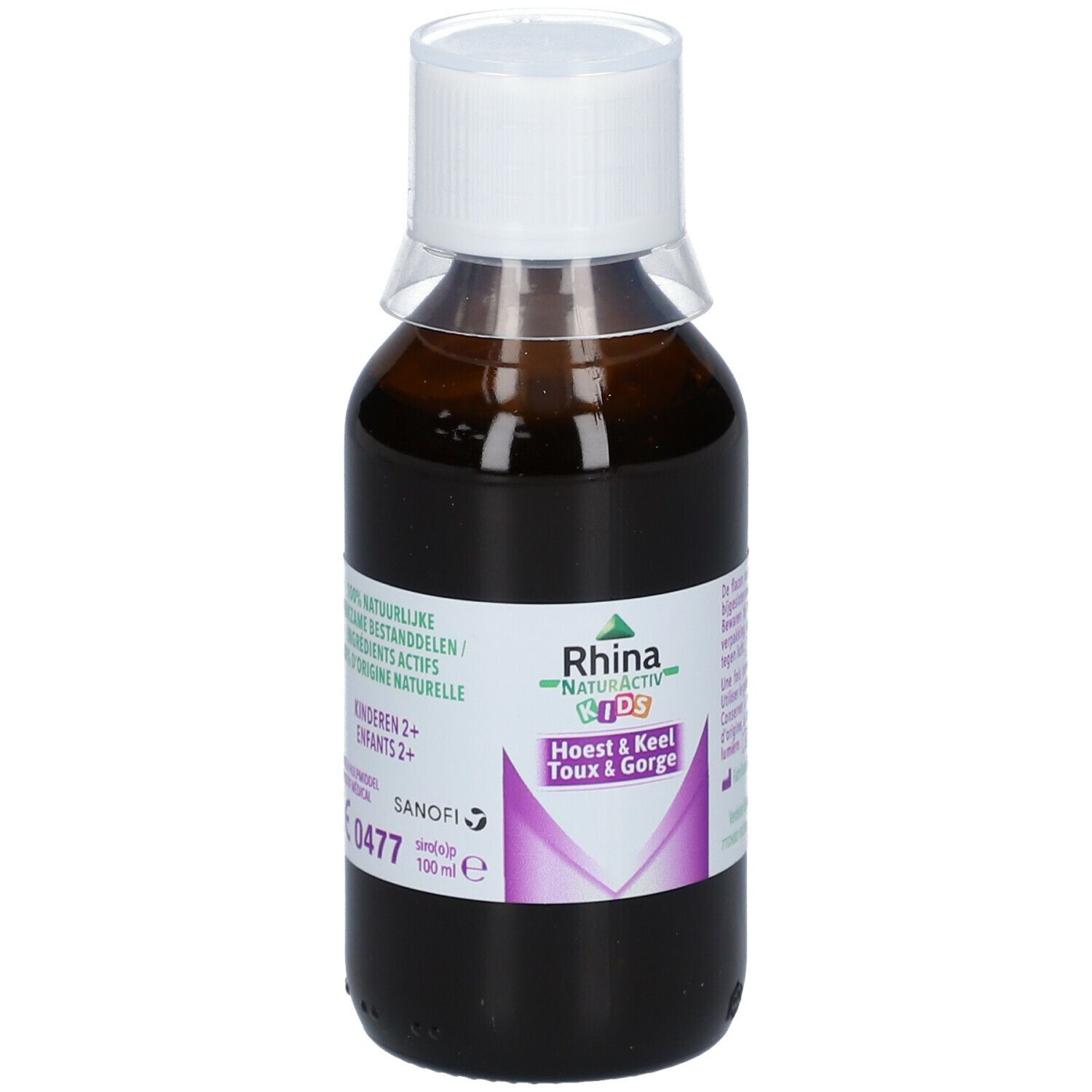 Bruine fles met witte dop. Etiket met productnaam en tekst. Vloeistof zichtbaar.