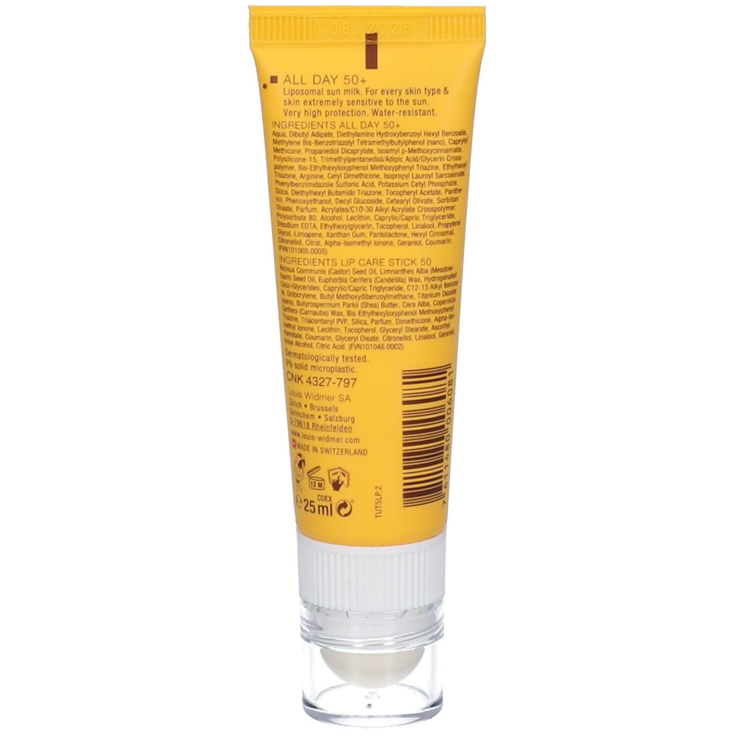 Tube jaune avec applicateur blanc. Inscription : ALL DAY 50+. Contient des ingrédients. Volume : 25 ml. Marque : LOUIS WIDMER.