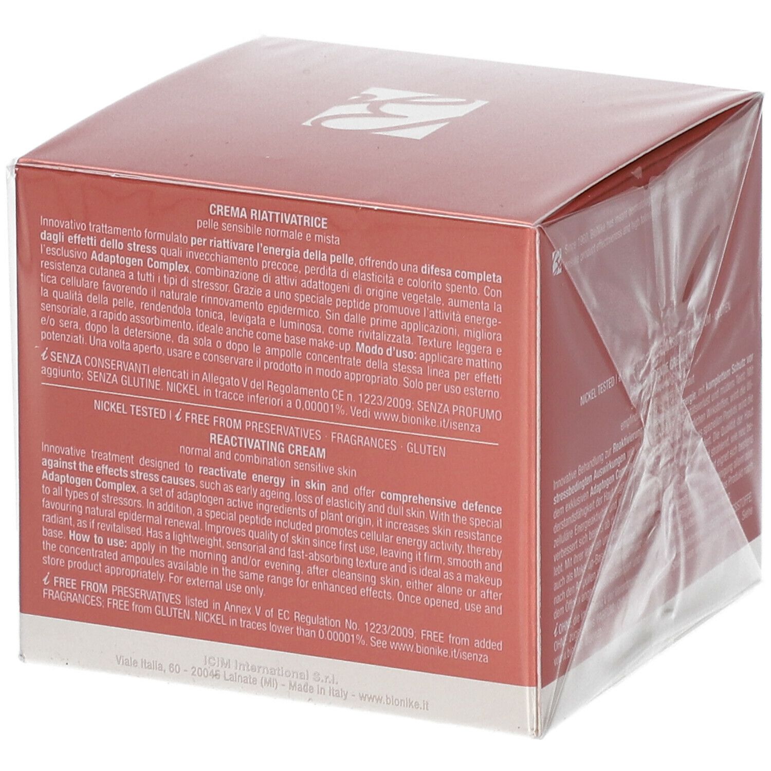 BioNike DEFENCE SKINERGY Creme-Verpackung. Rote Schachtel mit Text und Logo. Nickel getestet.