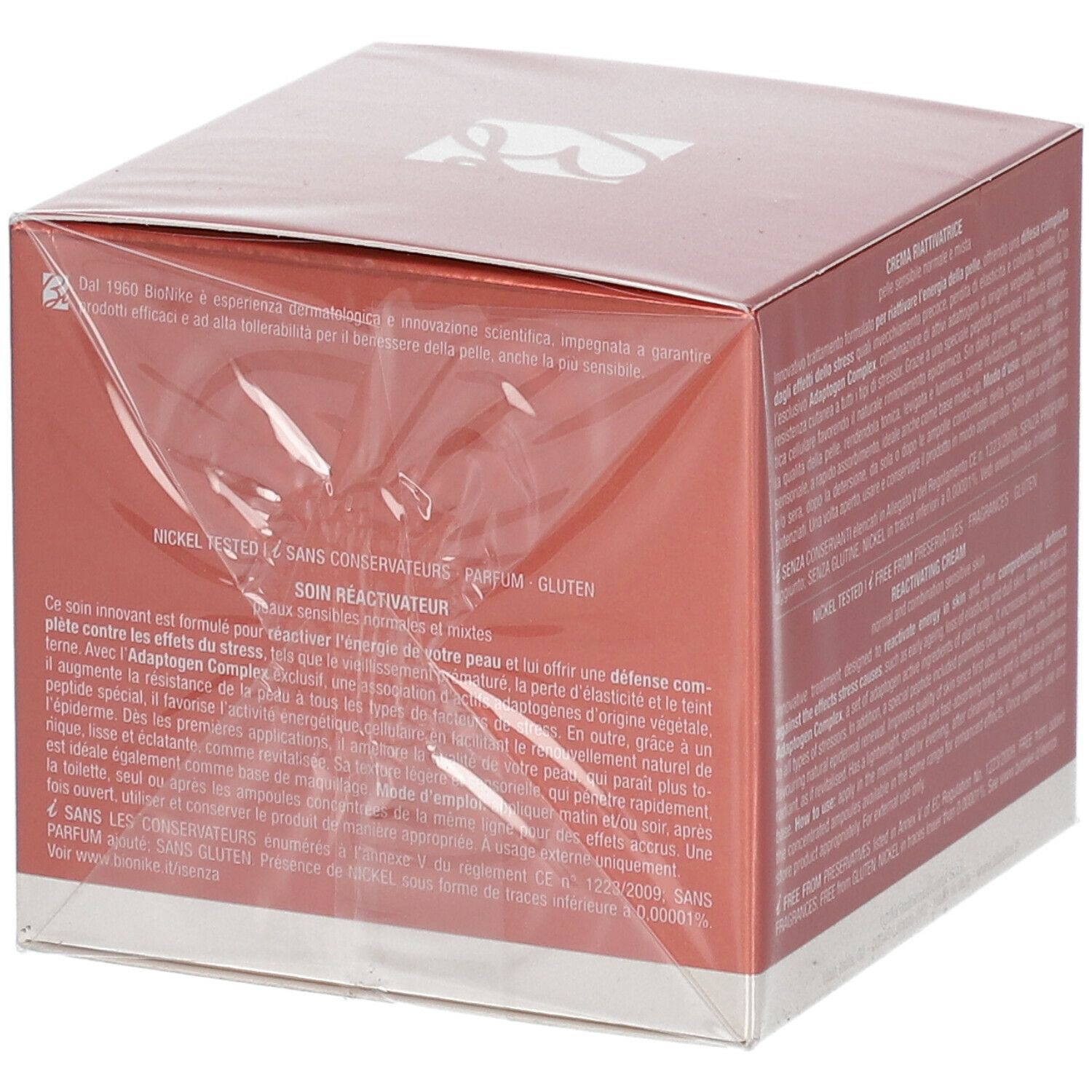 BioNike DEFENCE SKINERGY Creme-Verpackung. Rote Schachtel mit Text und Logo. Nickel getestet.