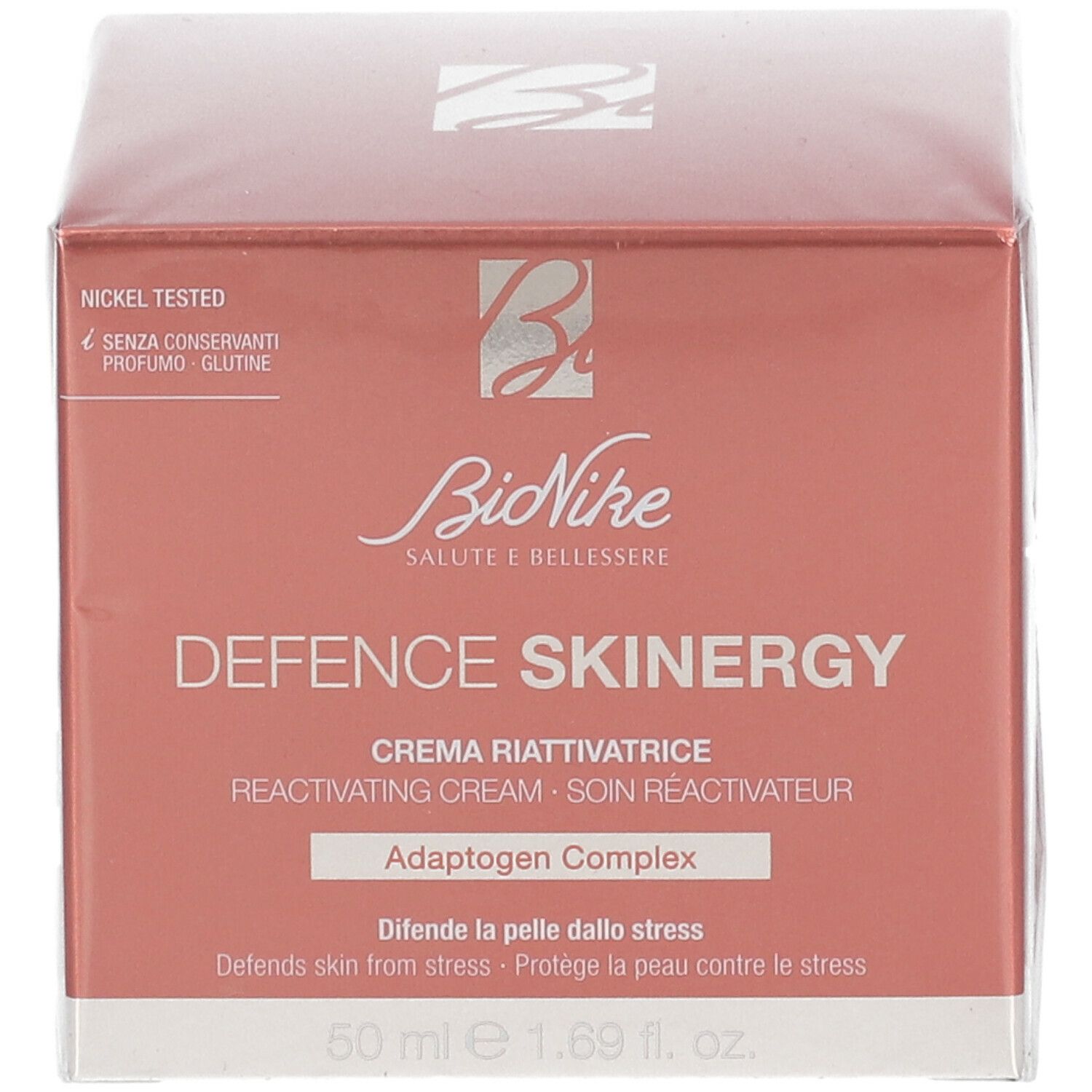 BioNike DEFENCE SKINERGY Creme-Verpackung. Rote Schachtel mit Produktnamen und Logo. Nickel getestet.