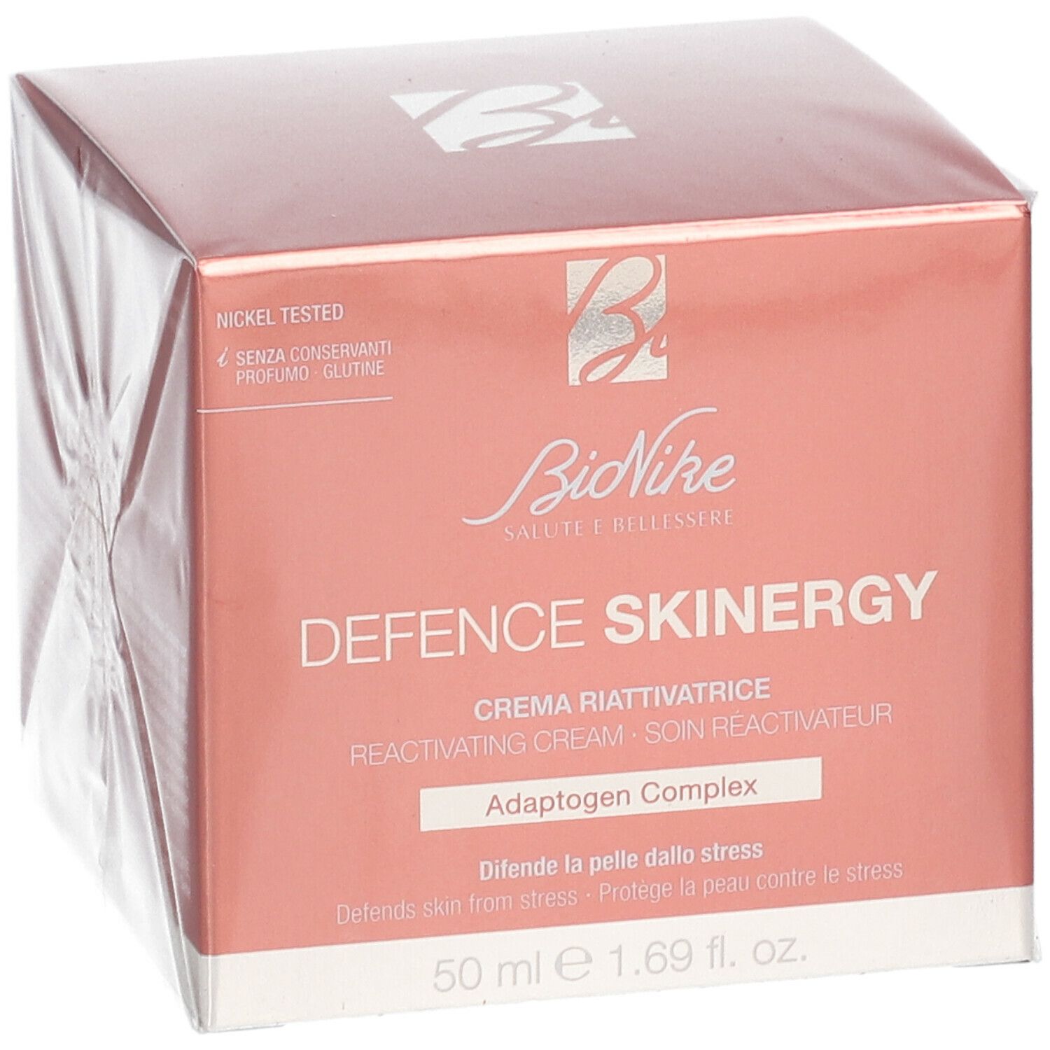 BioNike DEFENCE SKINERGY Creme-Verpackung. Rote Schachtel mit Produktnamen und Logo. Nickel getestet.