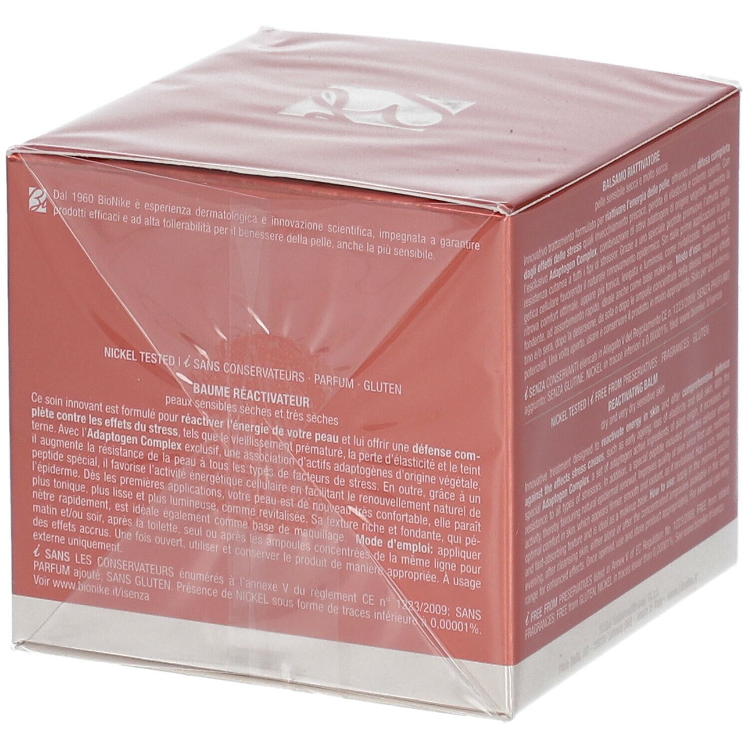Seite der BioNike DEFENCE SKINERGY Balsam-Verpackung. Rote Schachtel mit Text. Nickel getestet.