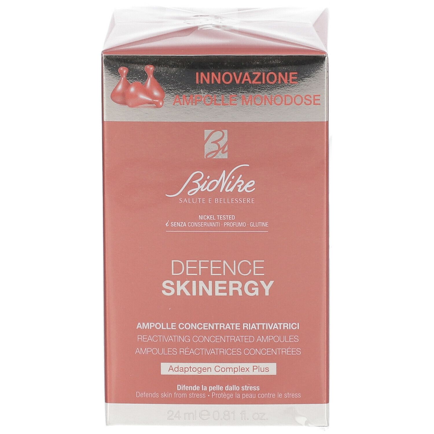 Boîte rose et blanche. Nom du produit et marque visibles: DEFENCE SKINERGY, BioNike. Contenance: 24 ml.