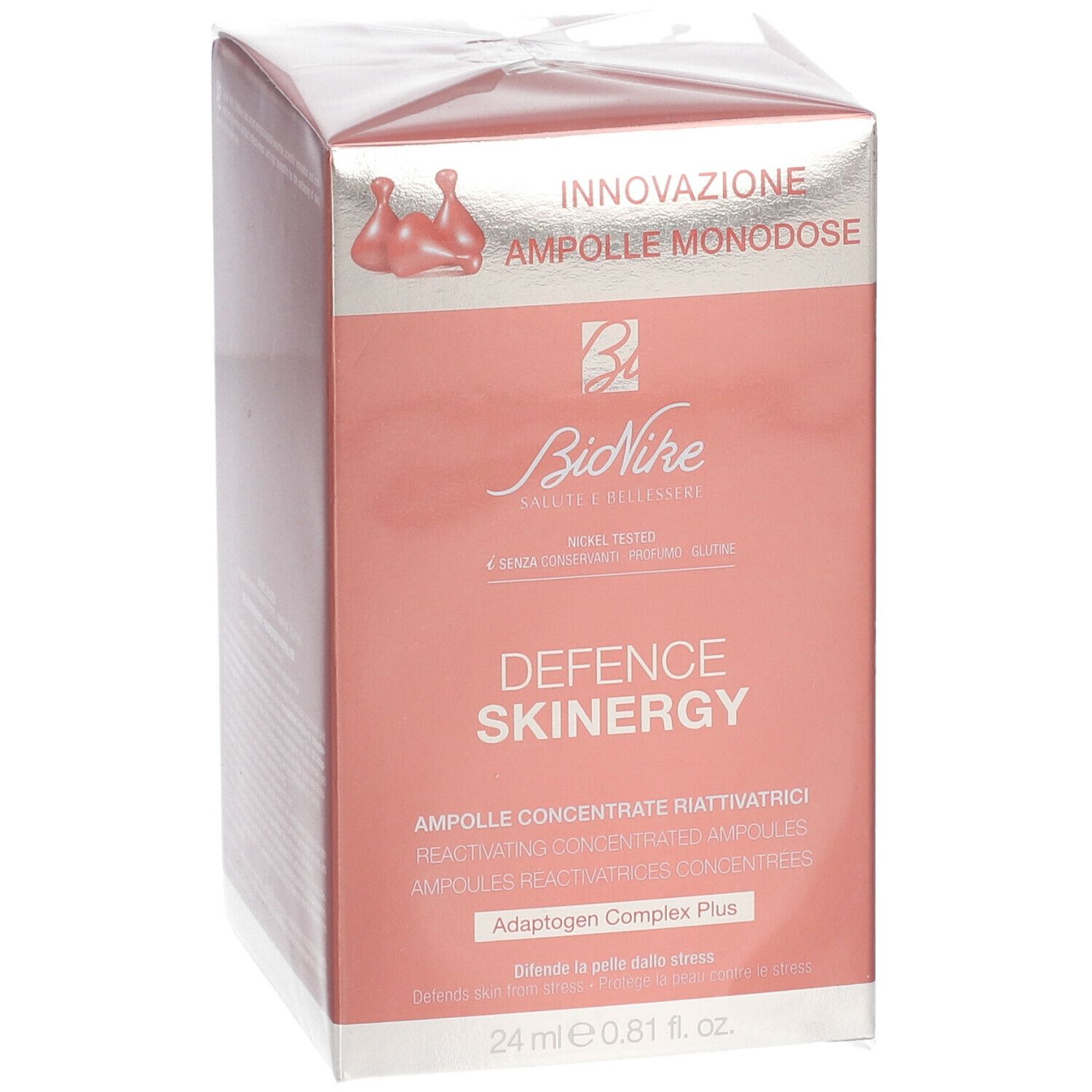 Boîte rose et blanche. Nom du produit et marque visibles: DEFENCE SKINERGY, BioNike. Contenance: 24 ml.