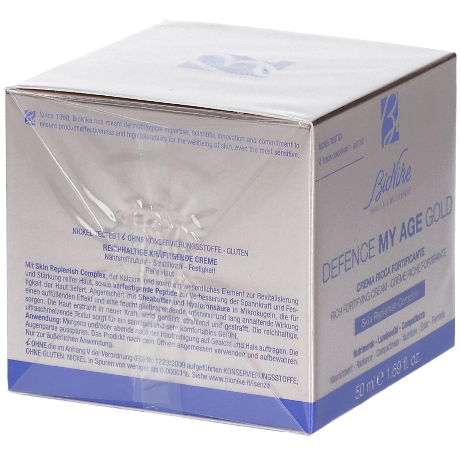 Rückseite der BioNike DEFENCE MY AGE Gold Creme-Verpackung. Text in Deutsch, Italienisch, Französisch und Englisch. Nickel getestet.