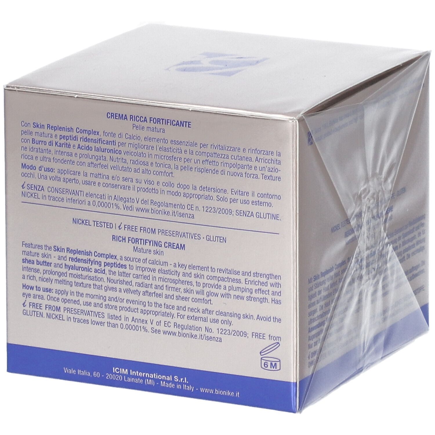 Seite der BioNike DEFENCE MY AGE Gold Creme-Verpackung. Text in Deutsch, Italienisch, Französisch und Englisch. Nickel getestet.