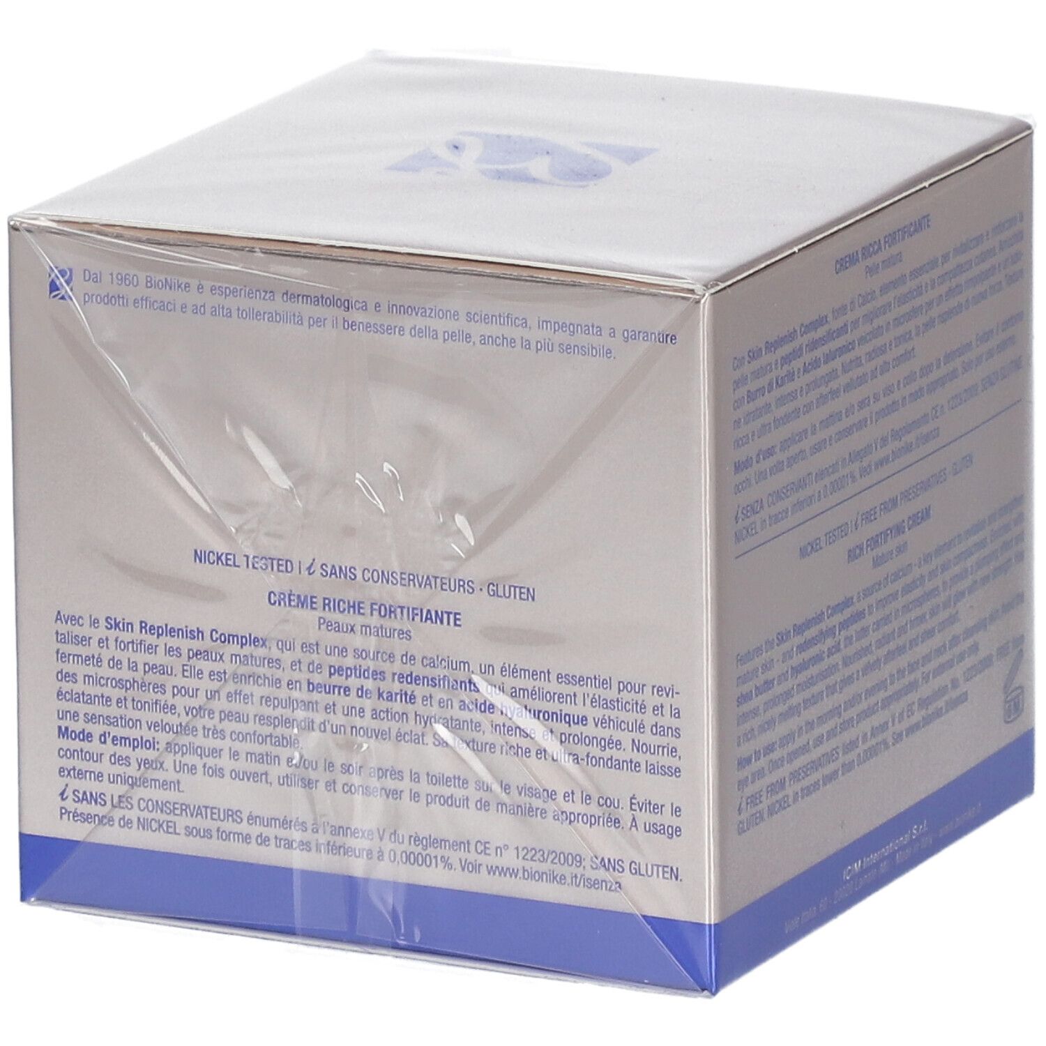 Seite der BioNike DEFENCE MY AGE Gold Creme-Verpackung. Text in Deutsch, Italienisch, Französisch und Englisch. Nickel getestet.