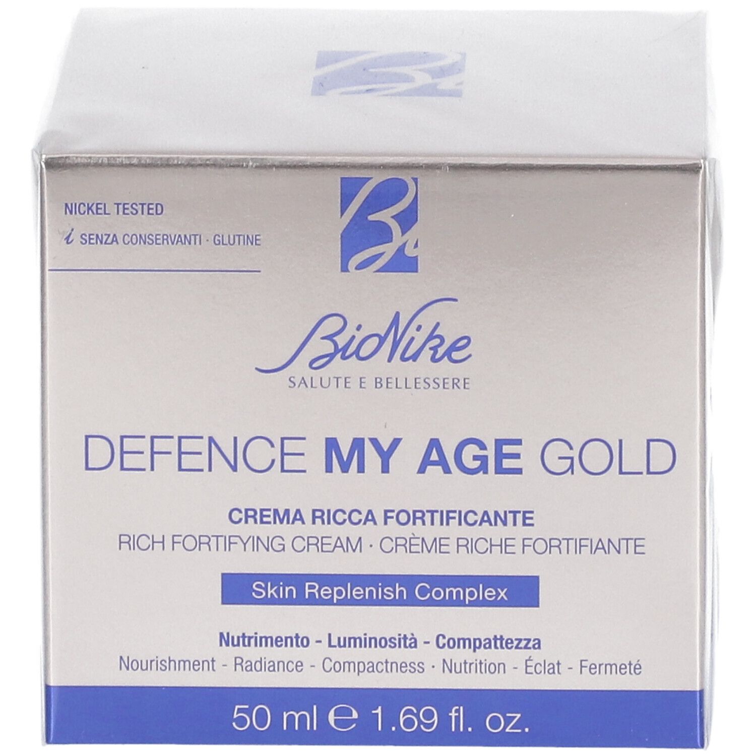 BioNike DEFENCE MY AGE Gold Creme-Verpackung. Nickel getestet. 50 ml. Text in Deutsch, Italienisch, Französisch und Englisch.