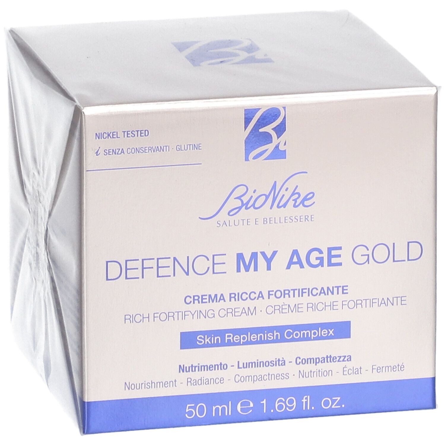 BioNike DEFENCE MY AGE Gold Creme-Verpackung. Nickel getestet. 50 ml. Text in Deutsch, Italienisch, Französisch und Englisch.