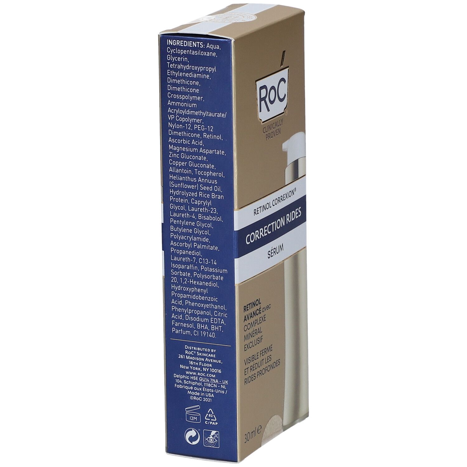Rückseite der RoC® Serumverpackung. Enthält Inhaltsstoffe und Informationen. Goldfarbener Karton mit blauer Schrift.