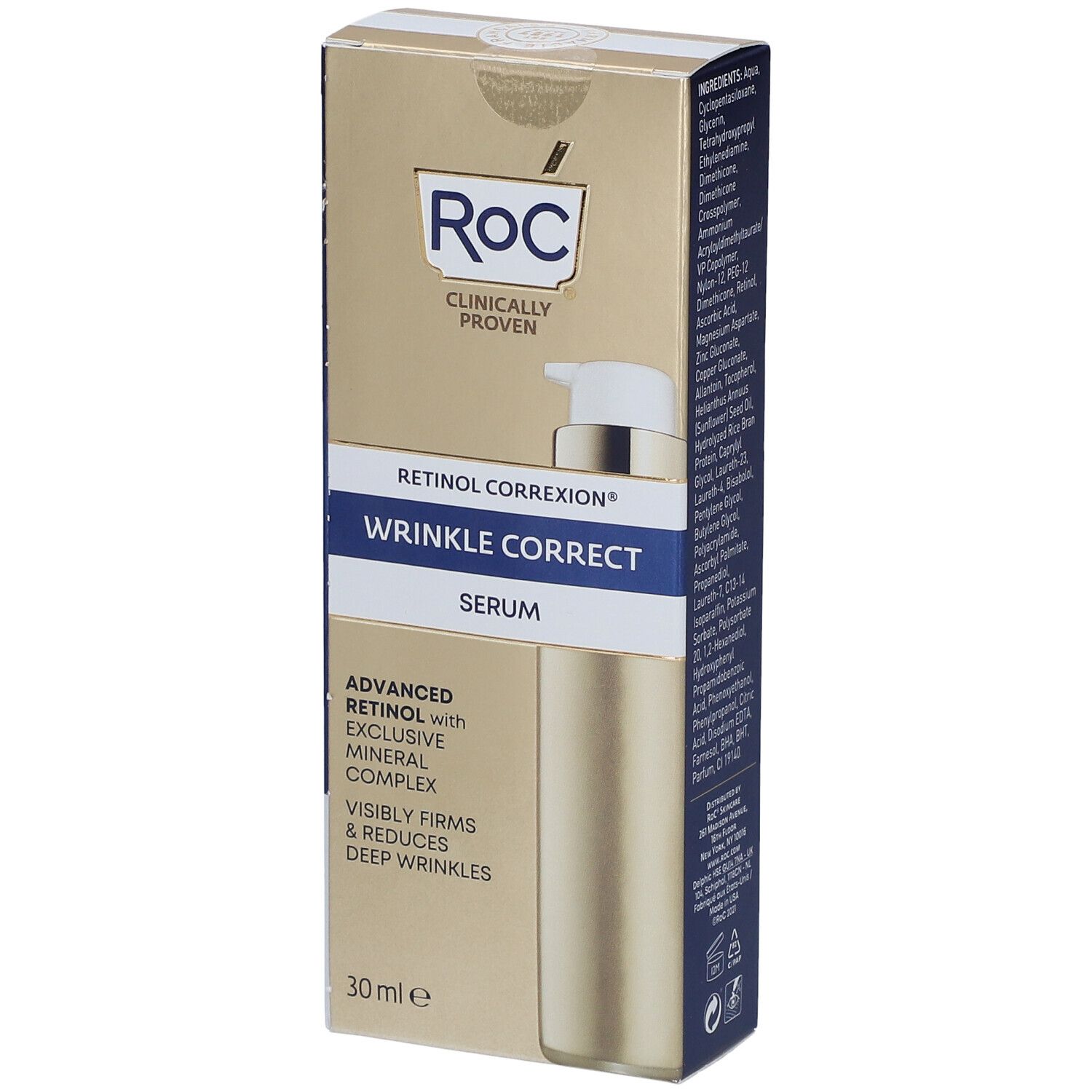 RoC® Serum zur Faltenkorrektur in Kartonverpackung. Goldfarbenes Fläschchen mit Pumpe. Aufschrift: WRINKLE CORRECT.