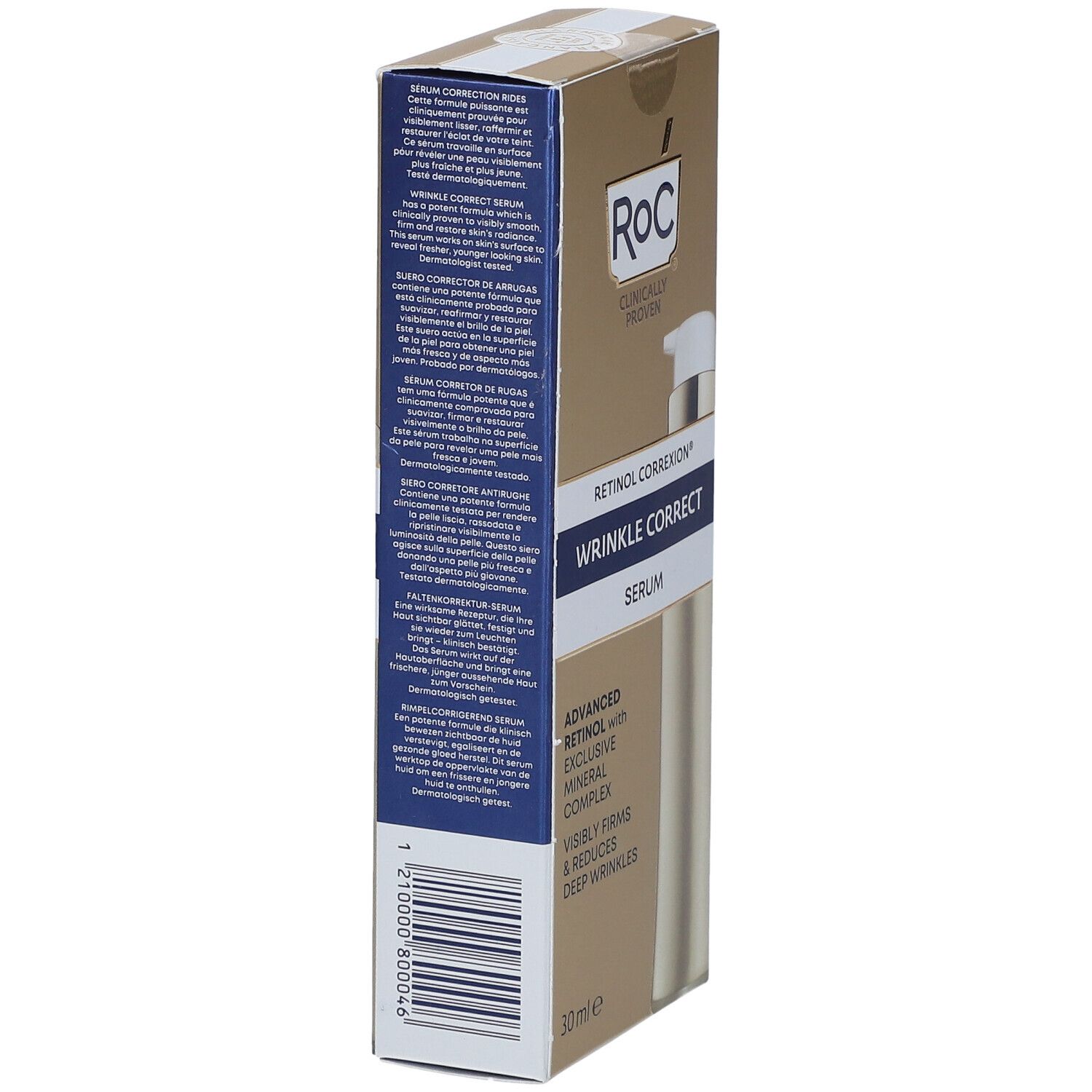 Rückseite der RoC® Serumverpackung. Enthält Informationen und Barcode. Goldfarbener Karton mit blauer Schrift.