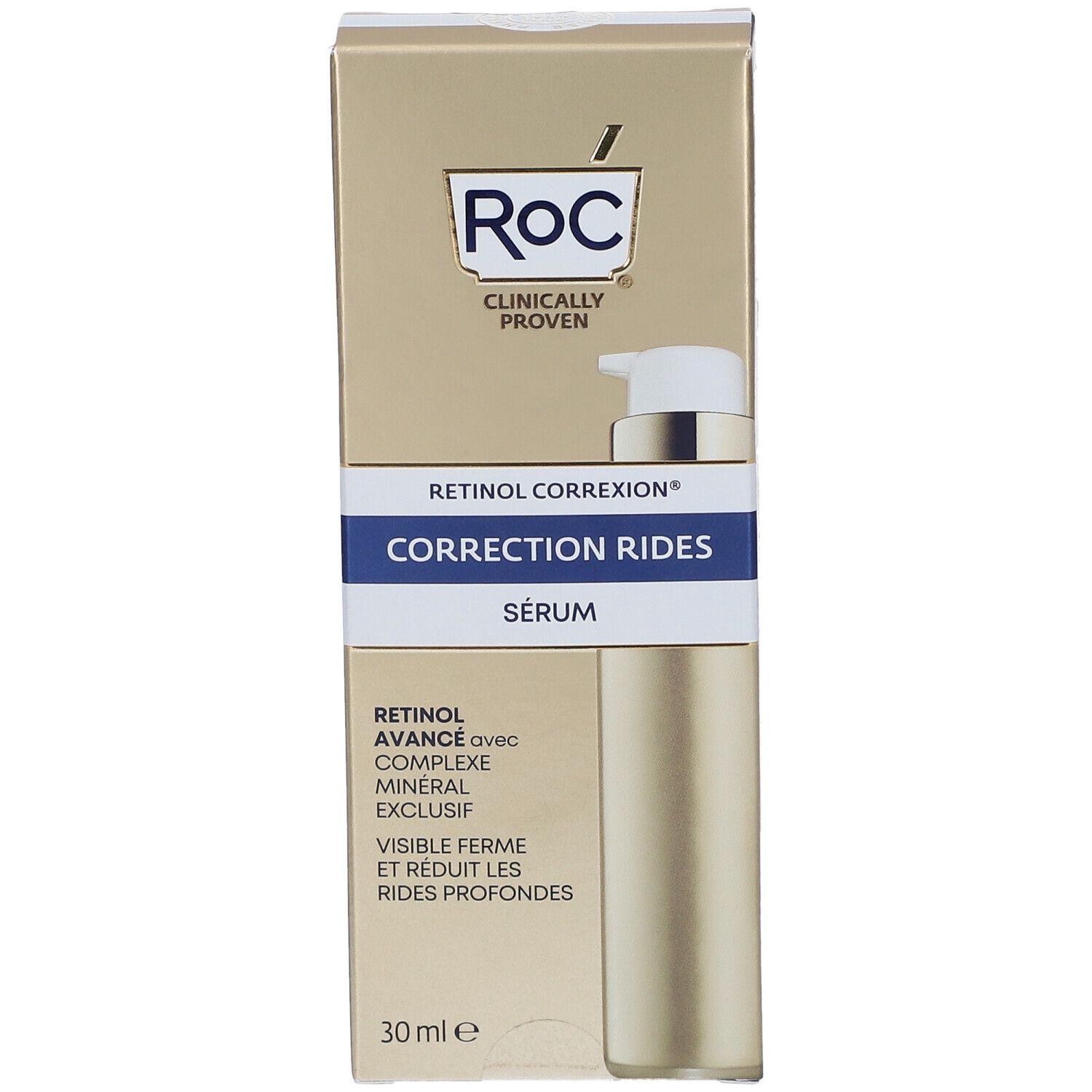 RoC® Serum zur Faltenkorrektur in Kartonverpackung. Goldfarbenes Fläschchen mit Pumpe. Aufschrift: RETINOL CORREXION®.