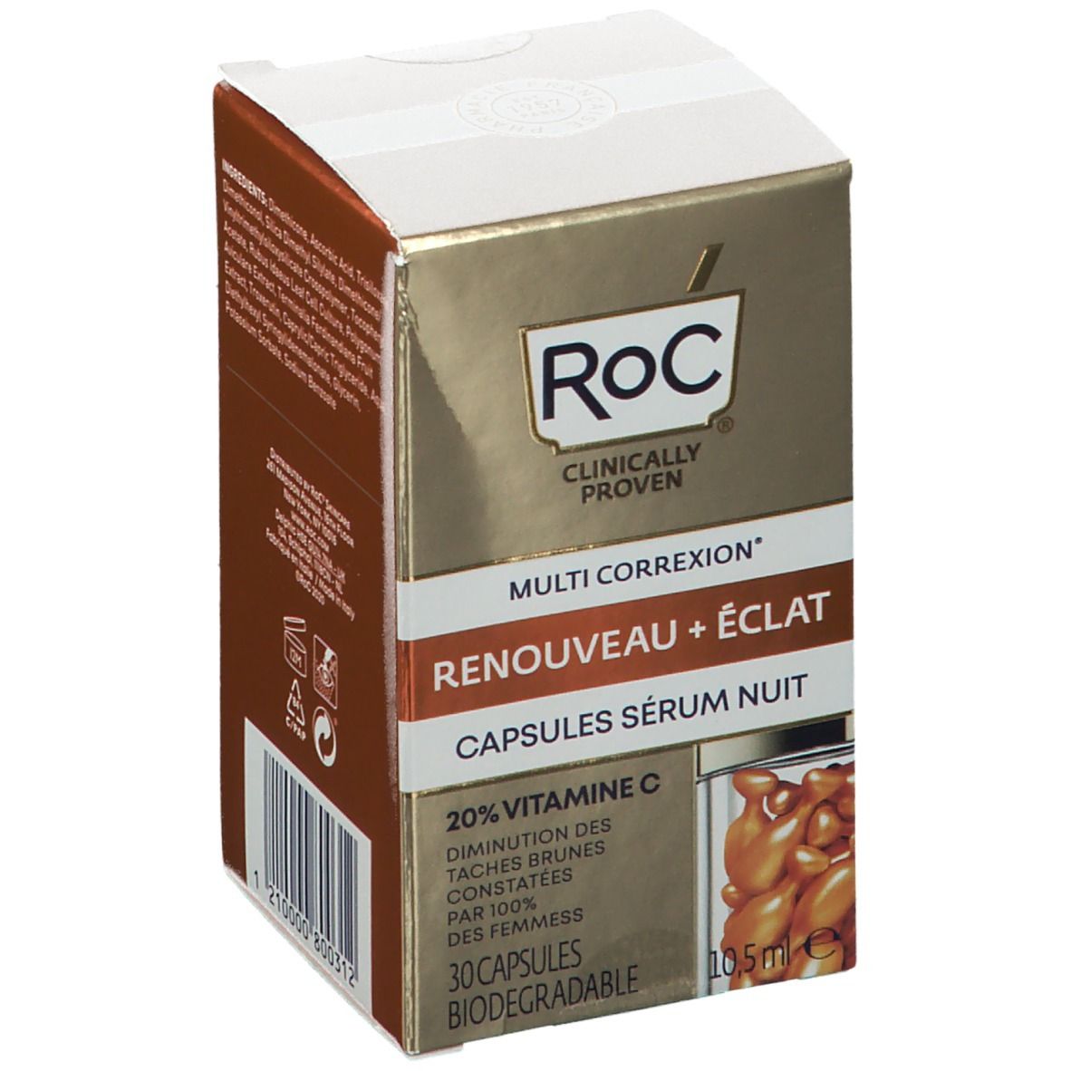 Kartonverpackung mit RoC-Logo und Produktbezeichnung. Enthält Kapseln. Aufschrift: Multi Correxion, Capsules Sérum Nuit.