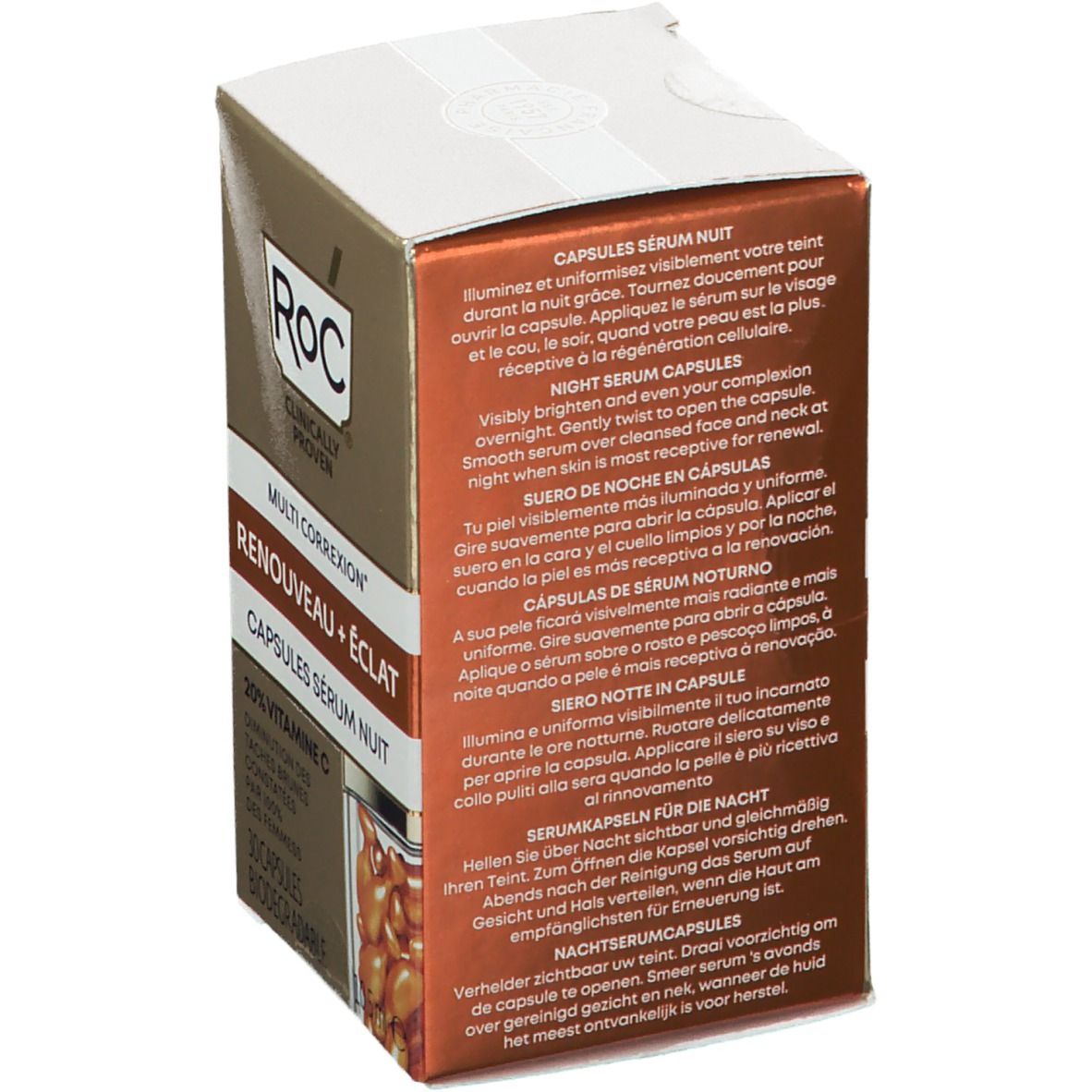 Rückseite der RoC-Verpackung. Text in mehreren Sprachen. Enthält Informationen zu den Kapseln. Gold- und Brauntöne.