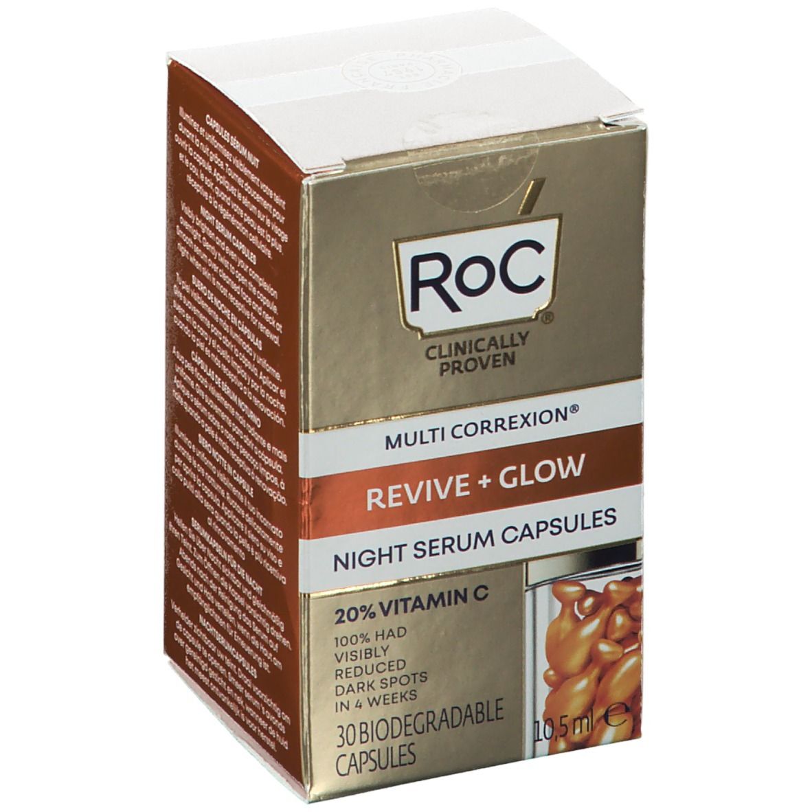 RoC-Verpackung mit Logo und Produktbezeichnung. Revive + Glow Night Serum Capsules. 20% Vitamin C. 30 biologisch abbaubare Kapseln.