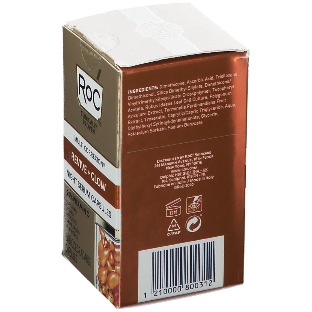 Rückseite der RoC-Verpackung. Inhaltsstoffe, Herstellerinformationen, Chargennummer und Recycling-Symbole. Braune und goldene Farben.