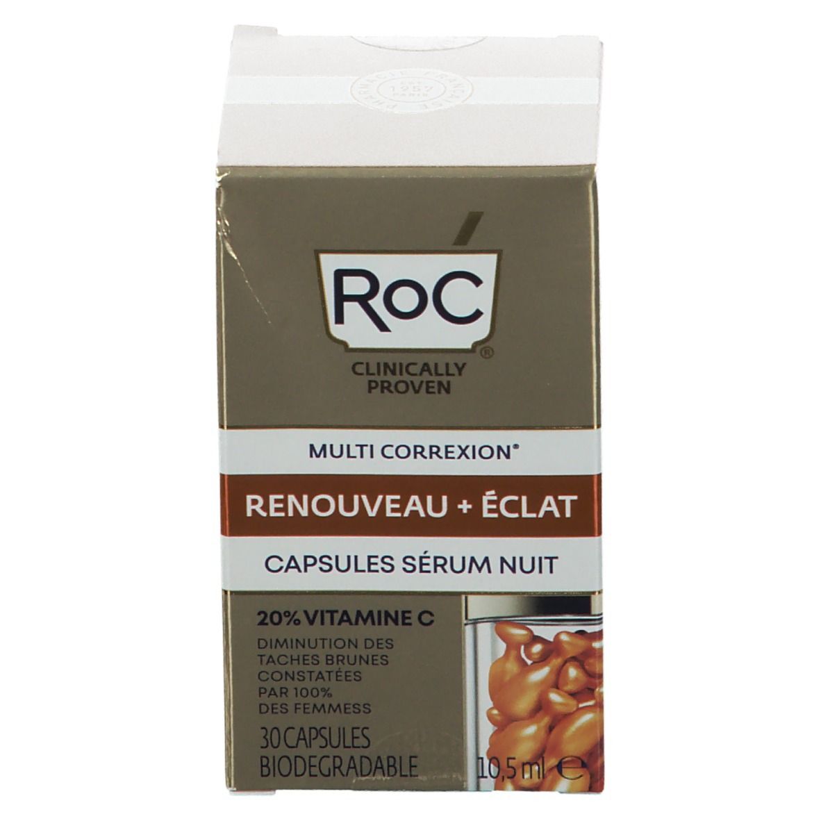 RoC-Verpackung mit Logo und Produktbezeichnung. Multi Correxion, Capsules Sérum Nuit. 20% Vitamin C. 30 biologisch abbaubare Kapseln.