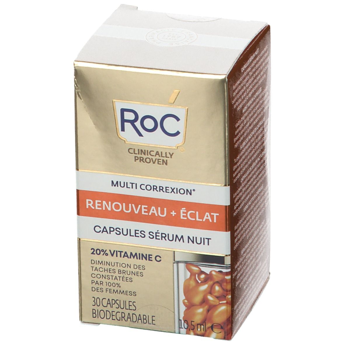 RoC-Verpackung mit Logo und Produktbezeichnung. Multi Correxion, Capsules Sérum Nuit. 20% Vitamin C. 30 biologisch abbaubare Kapseln.