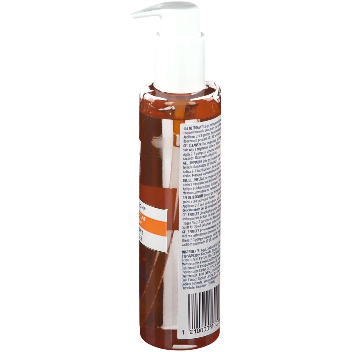 Rückseite der RoC MULTI-CORREXION Reinigungsgel-Flasche. Textinformationen und Barcode.
