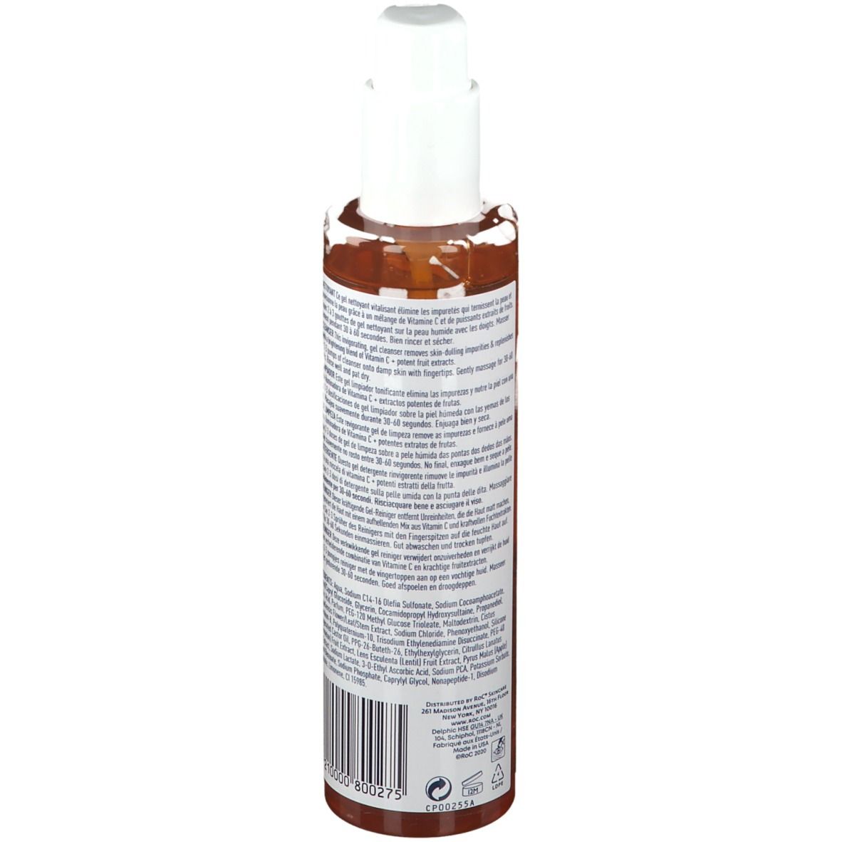 Rückseite der RoC MULTI-CORREXION Reinigungsgel-Flasche. Textinformationen und Barcode.