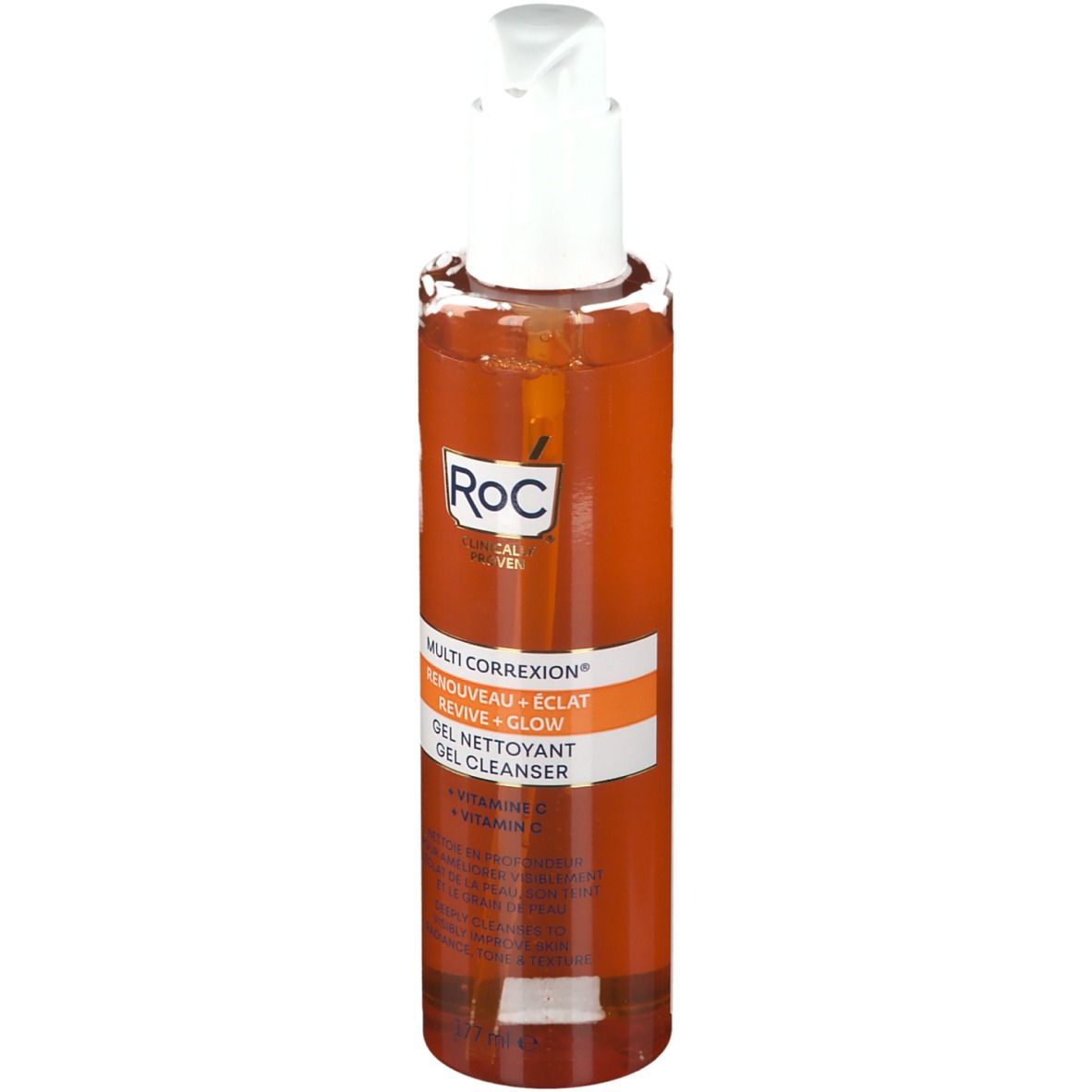 RoC MULTI-CORREXION Reinigungsgel. Orangefarbene Flasche mit weißem Pumpverschluss. Text: REVIVE + GLOW, Vitamin C.