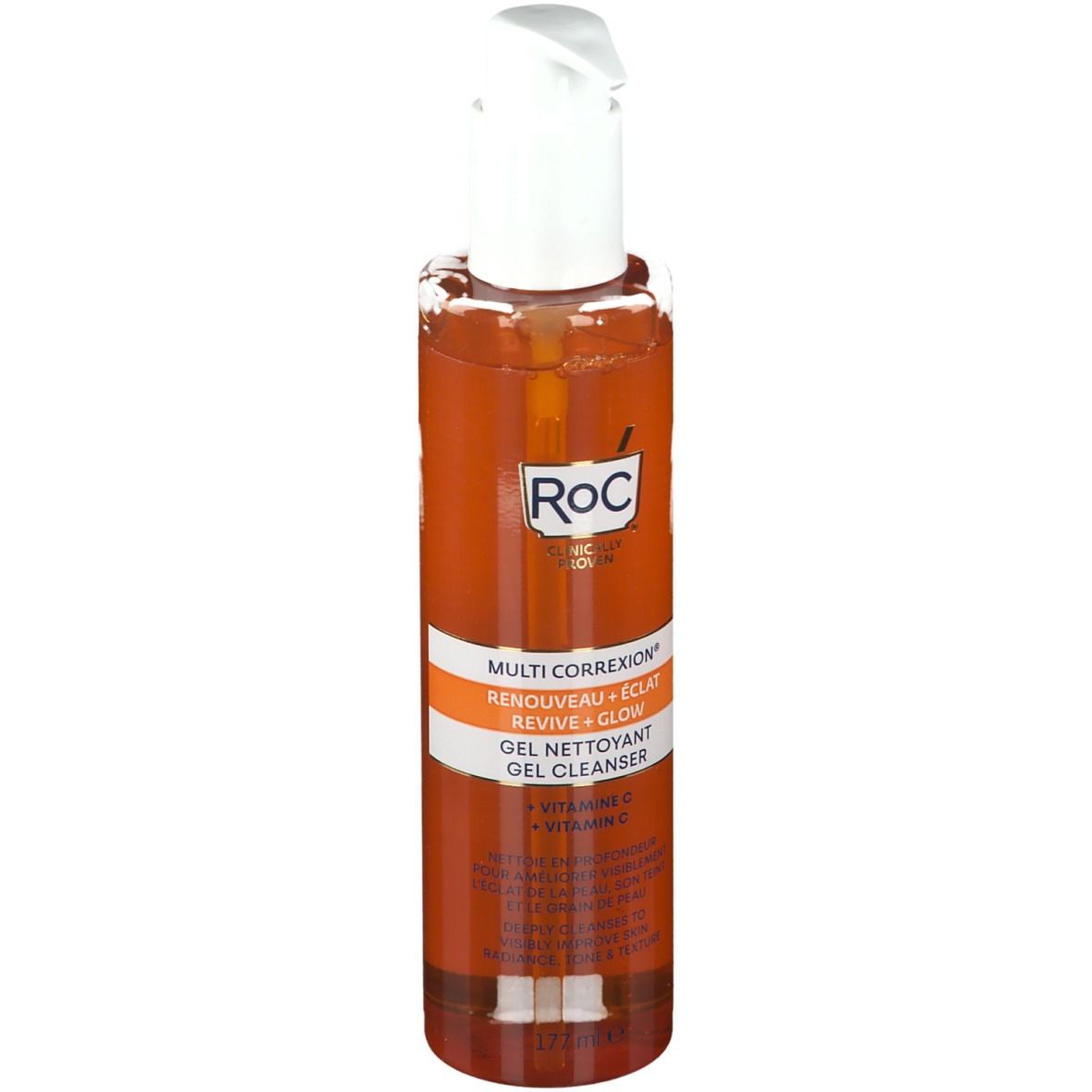 RoC MULTI-CORREXION Reinigungsgel. Orangefarbene Flasche mit weißem Pumpverschluss. Text: REVIVE + GLOW, Vitamin C.