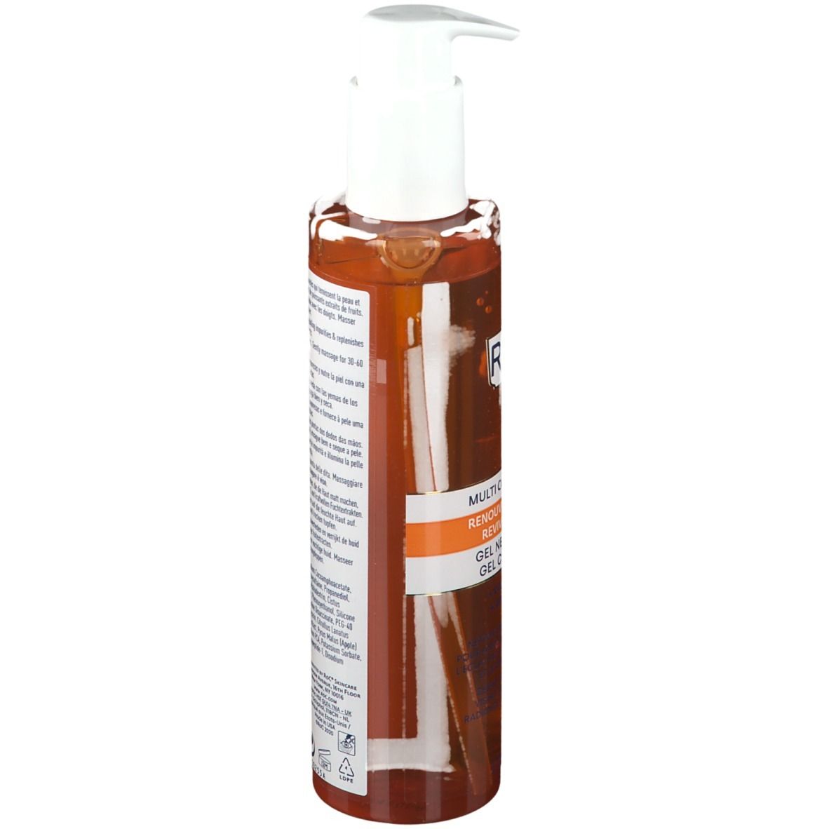 RoC MULTI-CORREXION Reinigungsgel. Orangefarbene Flasche mit weißem Pumpverschluss. Text: REVIVE + GLOW, Vitamin C.