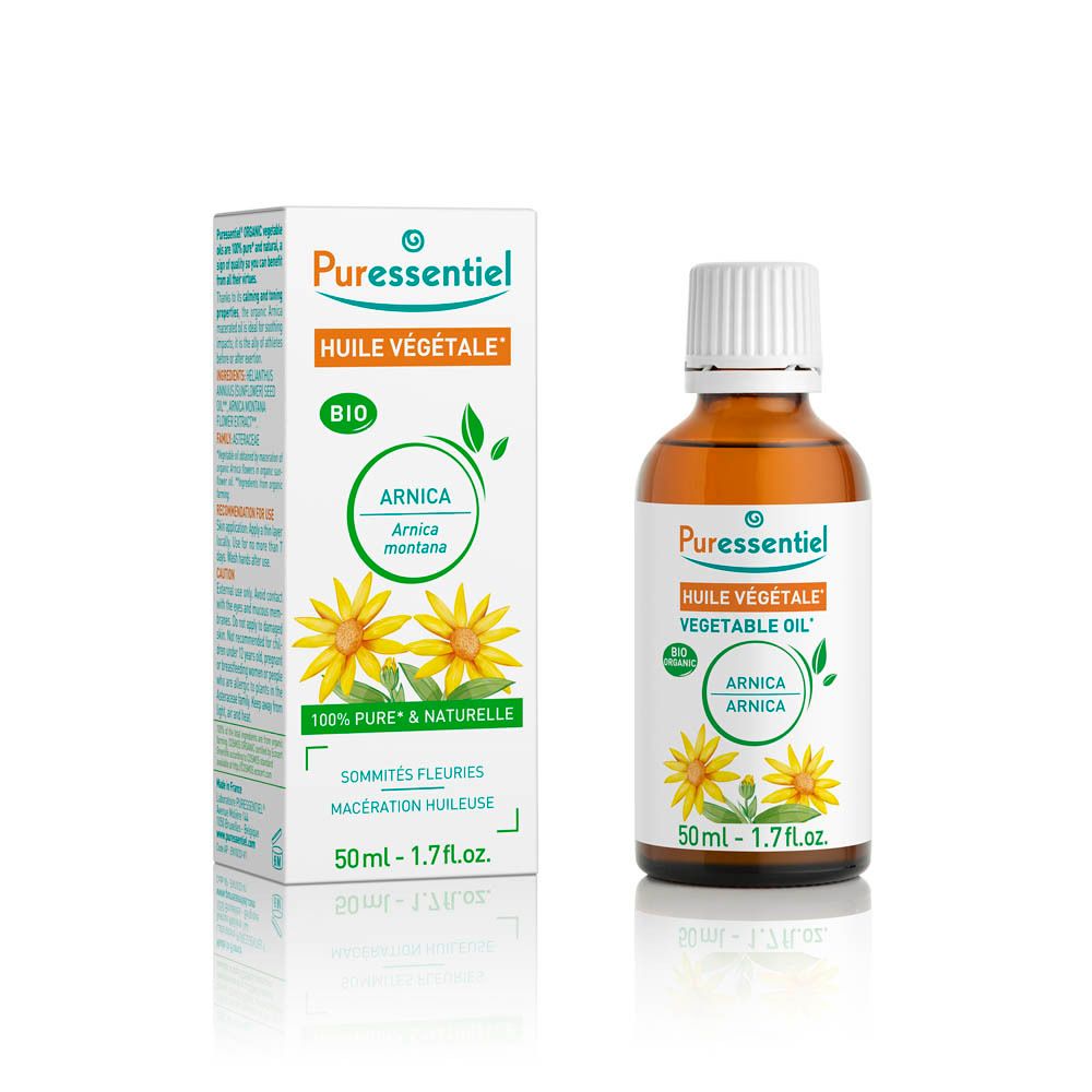 Puressentiel Arnika Pflanzenöl, 50ml. Braune Glasflasche mit weißem Deckel und Etikett mit Arnika-Blumen und Bio-Siegel.