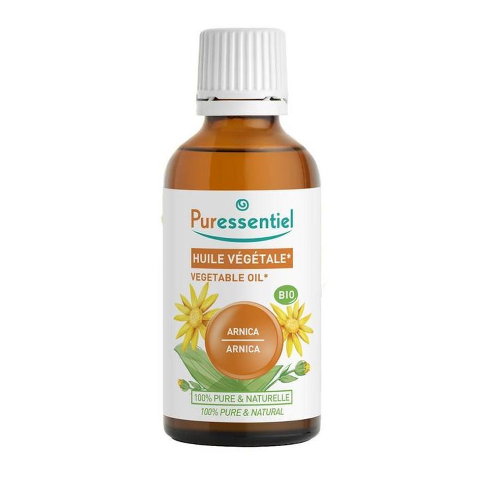 Bruine glazen fles met witte dop. Etiket met productnaam, bloemenillustratie en bio-label.
