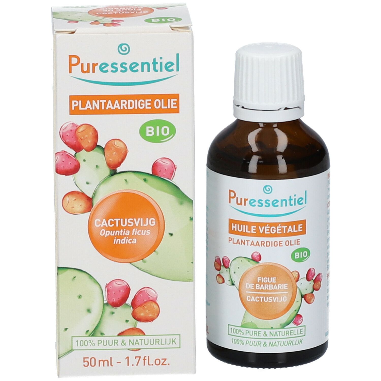 Produktflasche und Verpackung. Flasche mit Etikett, Verpackung mit Illustration von Kaktusfeige.